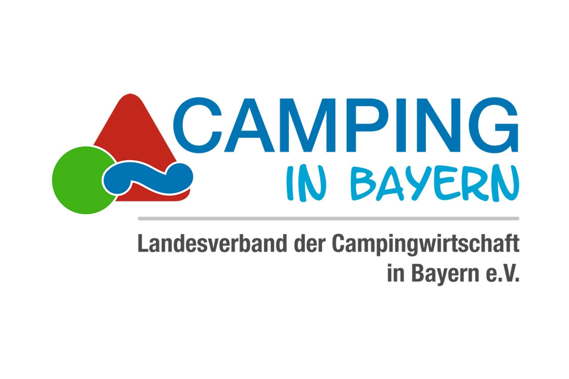 Logo_LCB Logo Camping in Bayern, Landesverband der Campingwirtschaft in Bayern e.V., rotes Dreieck, grüner Kreis und blaues Wellenband.
