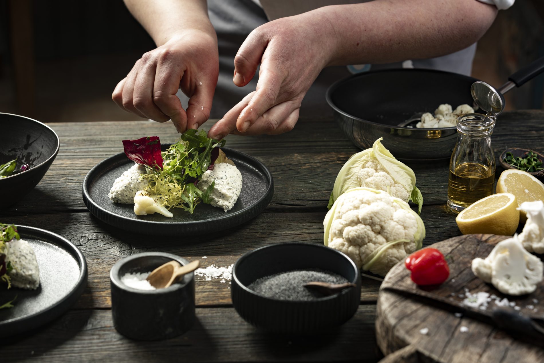 Blumenkohl-Mohn-Mousse mit mariniertem Kräutersalat auf dunklem Hintergrund