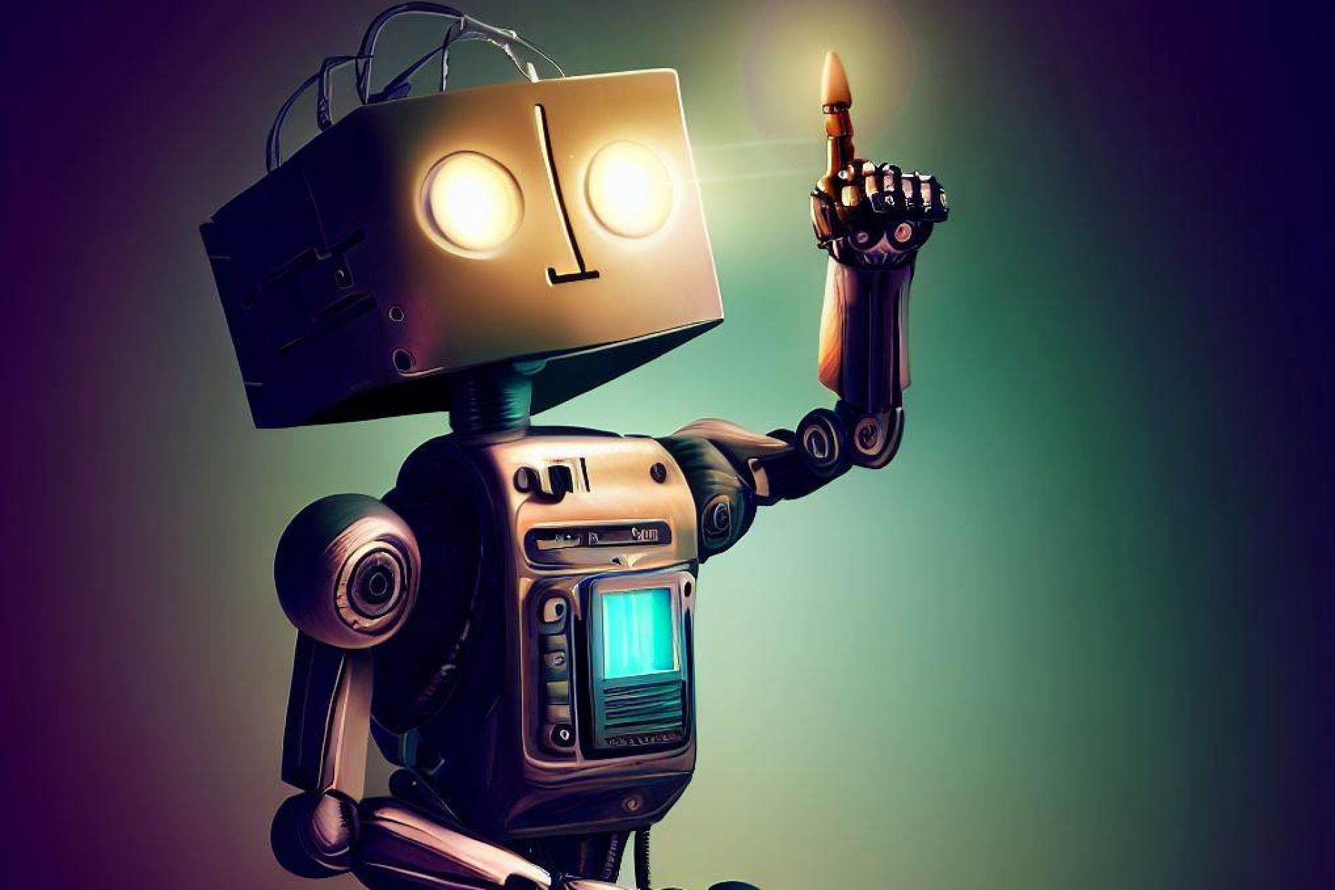 Mit KI-Tool generierter Roboter dessen Augen leuchten und der mit einem Finger nach oben zeigt