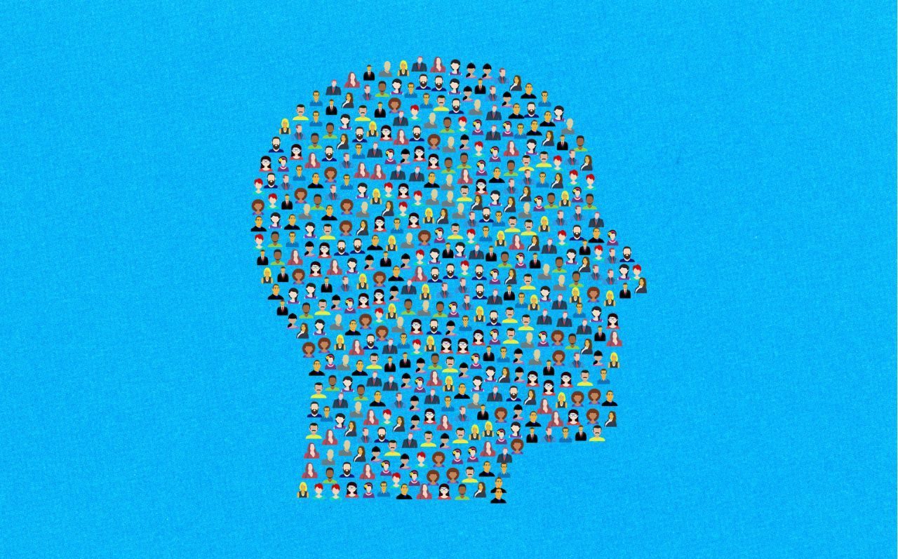 Grafik eines Kopfumrisses, der aus verschiedenen kleinen K&ouml;pfen zusammengesetzt ist