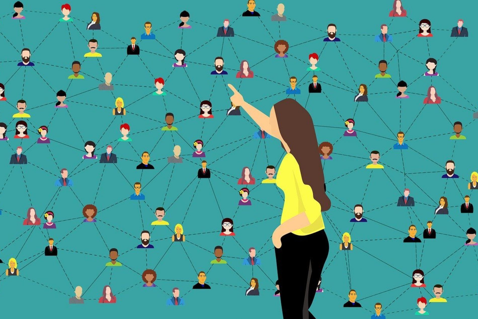 Grafik mit Frau die auf verschiedene K&ouml;pfe zeigt, welche die verschiedenen Personen einer Zielgruppe darstellen