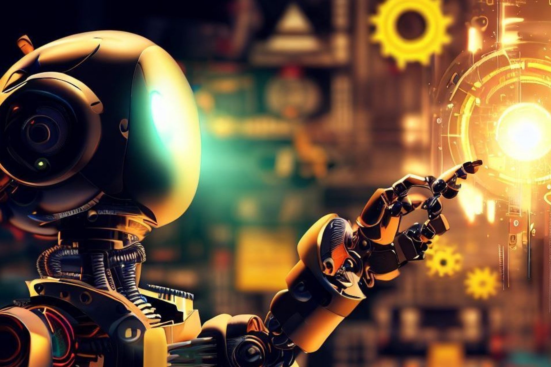 Roboterkopf und mechanische Hand zeigen auf leuchtende Zahnr&auml;der und holografische Elemente in einer High‑Tech-Umgebung.