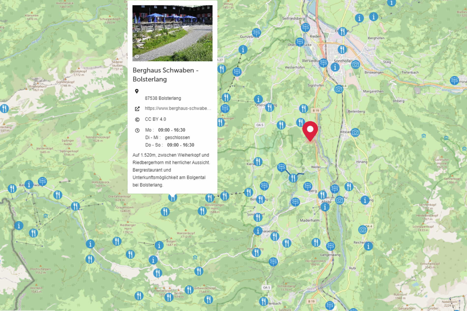 BayernCloud Tourismus Kartenwidget. Kartenwidget BayernCloud Tourismus: Karte mit Standorten; Marker bei Bolsterlang; Pop-up Berghaus Schwaben mit Adresse und Öffnungszeiten.