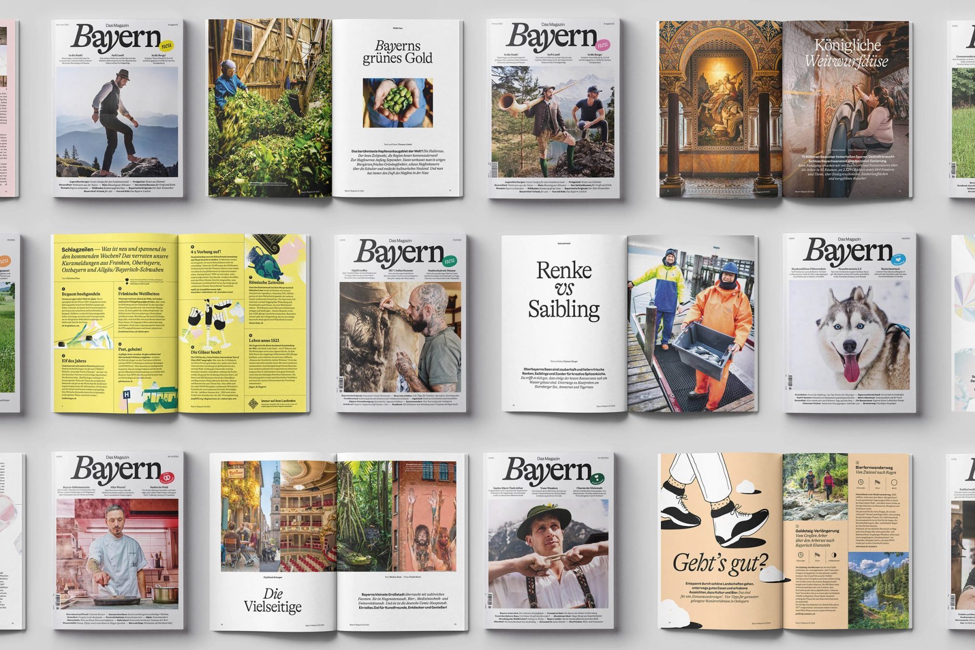 Mehrere Magazin‑Cover des Mockup‑Magazins Bayern, verschiedene Titelseiten und Farbfotos, Layout‑Entwürfe