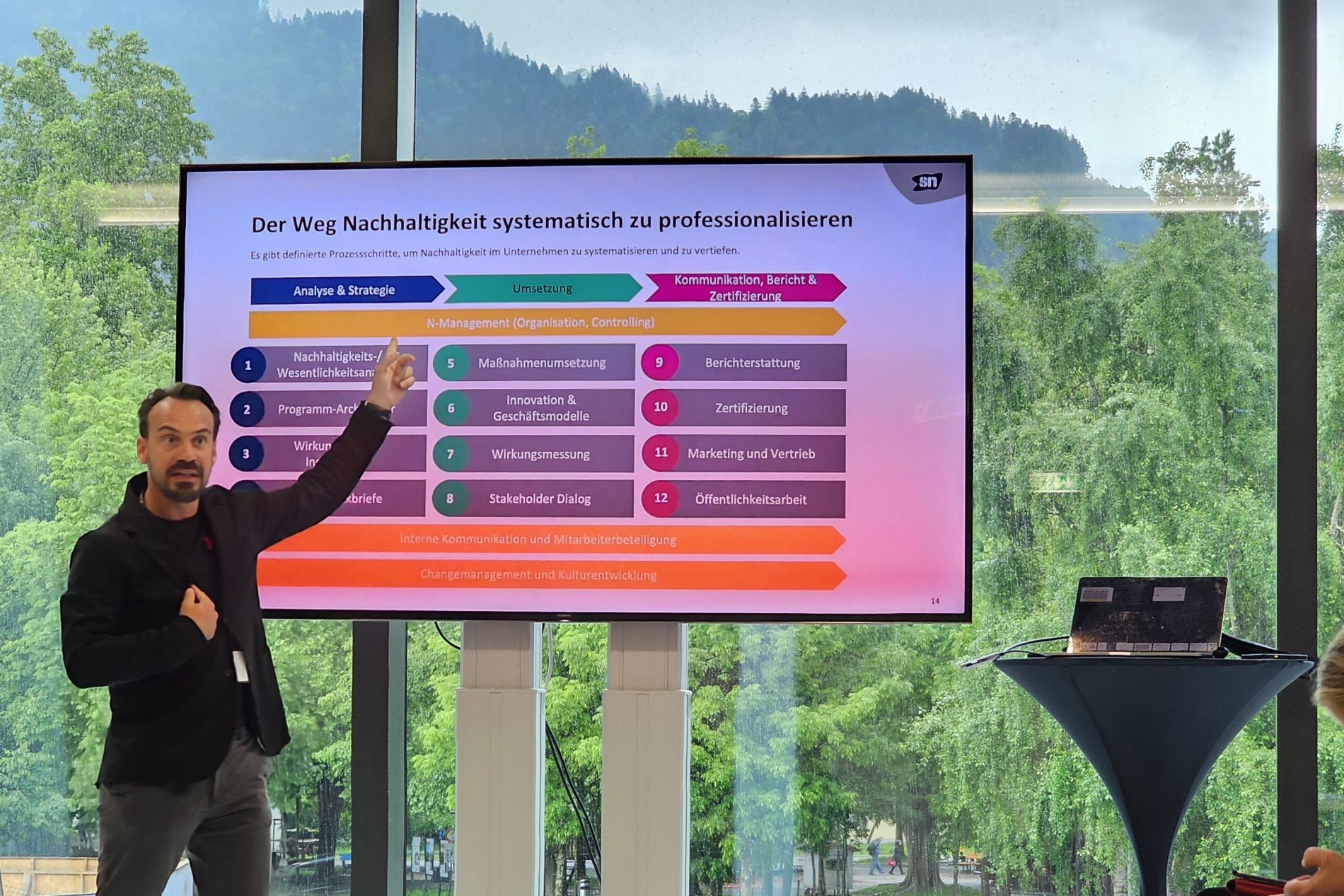 Presenter zeigt auf ein farbiges Diagramm auf großem Bildschirm; Fenster mit Wald und Bergen im Hintergrund (DSTNCMP 2024)