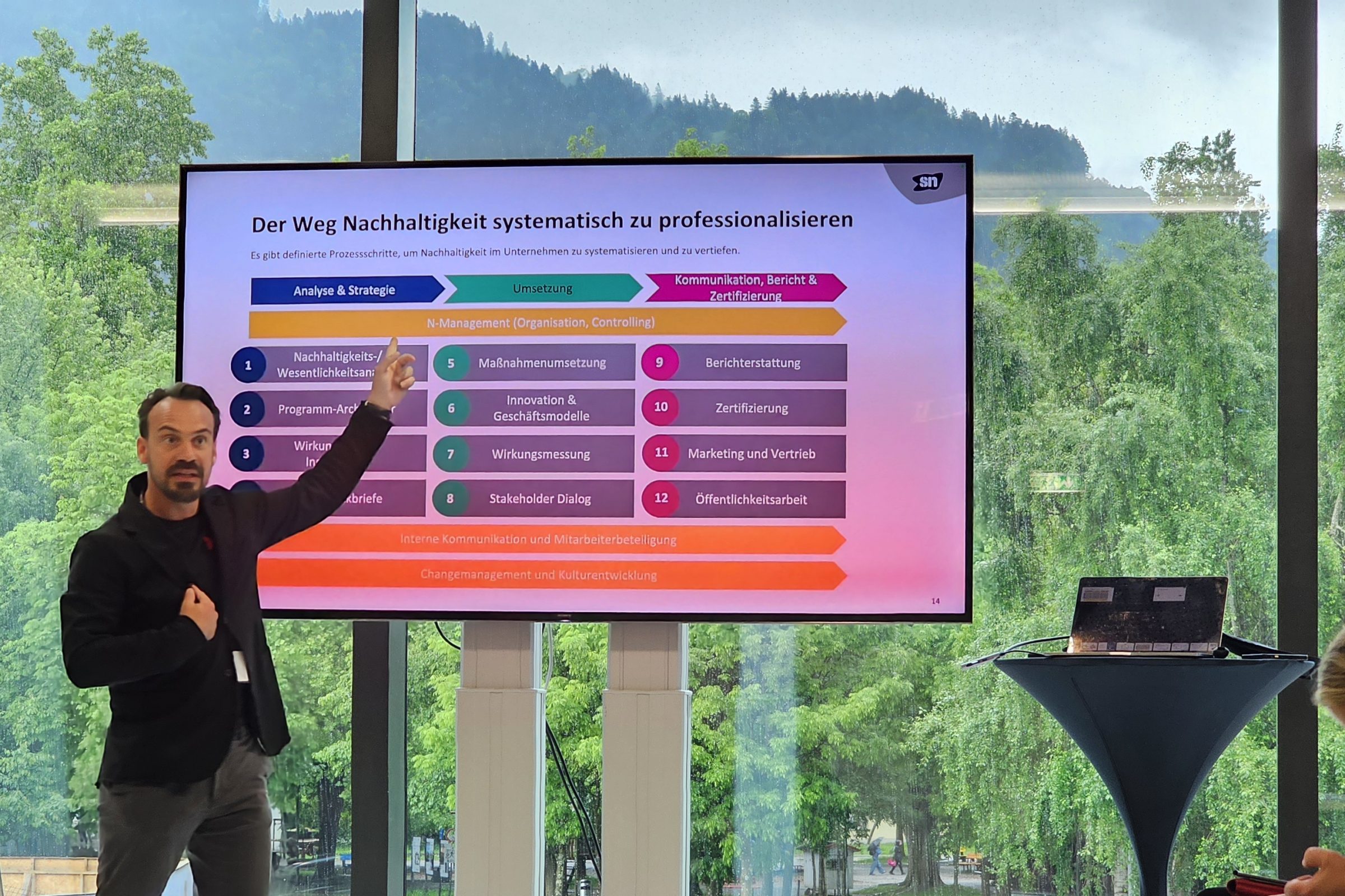Presenter zeigt auf ein farbiges Diagramm auf gro&szlig;em Bildschirm; Fenster mit Wald und Bergen im Hintergrund (DSTNCMP 2024)