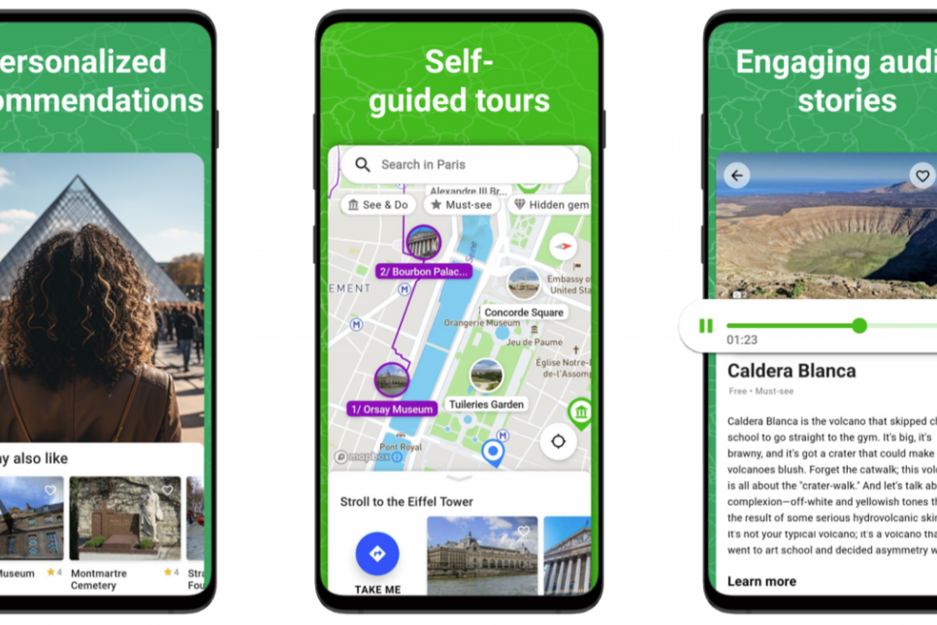 SmartGuide Screenshot SmartGuide Screenshot: drei Smartphones mit personalisierten Empfehlungen, selbstgeführten Touren und Audiodstories.
