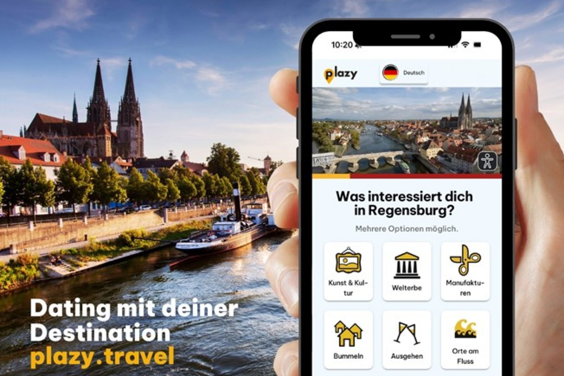 Plazy Regensburgs Fluss und Dom im Hintergrund; eine Hand hält ein Smartphone, das die Plazy.travel App zeigt.