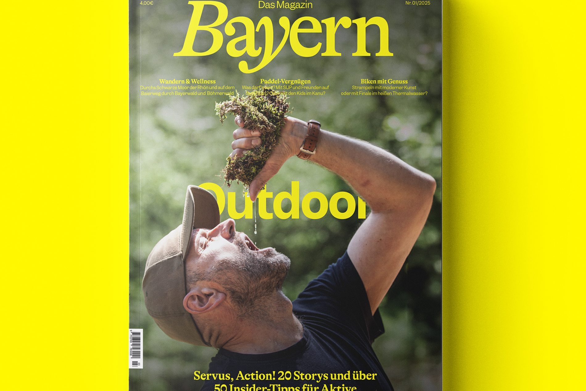 Cover des Bayern Magazins Outdoor-Ausgabe: Mann neigt Kopf, hält frische Kräuter über den Mund, gelber Hintergrund.