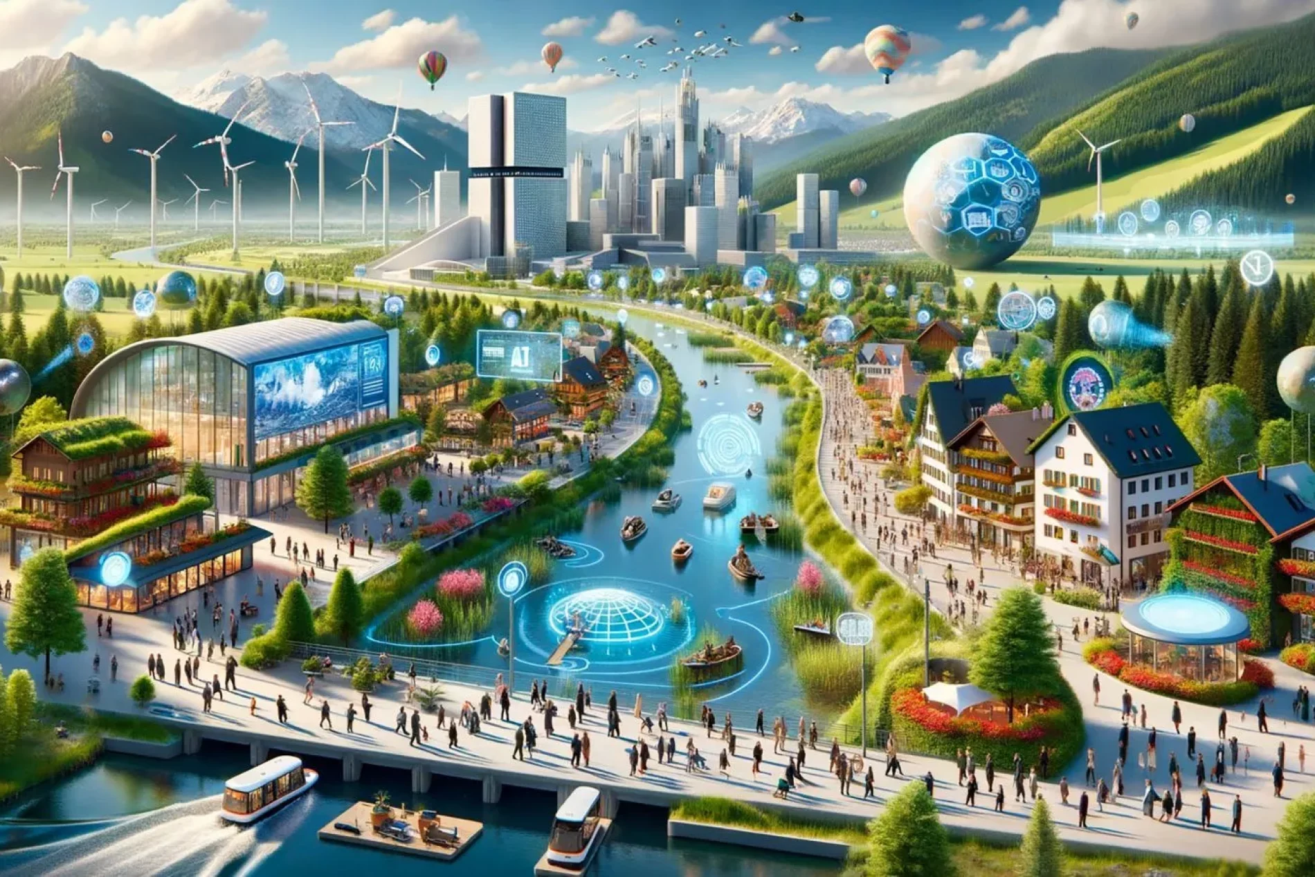 Futuristische Stadt am Fluss mit Brücken, Hochhäusern, Windenergie, Ballons, holografischen Displays und Bergen im Hintergrund