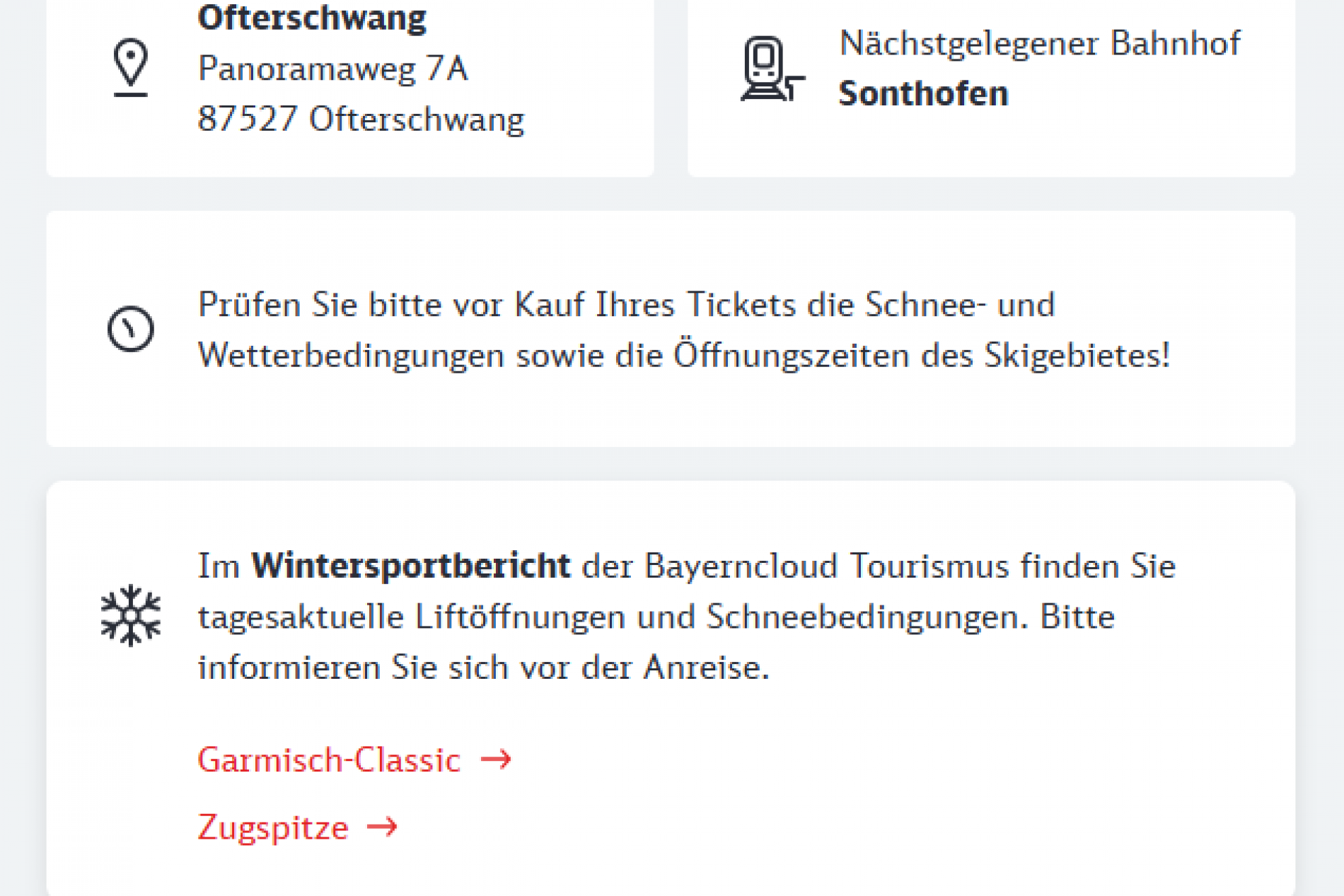 Anreise-Übersicht: Adressen in Bayern, nächstgelegener Bahnhof Sonthofen, Wintersportbericht mit Liftöffnungen; Planen-Button