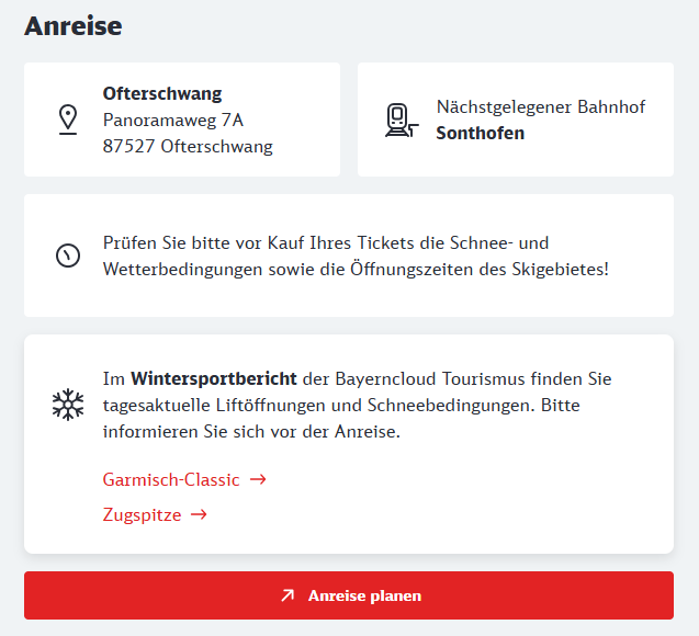 Anreise-&Uuml;bersicht: Adressen in Bayern, n&auml;chstgelegener Bahnhof Sonthofen, Wintersportbericht mit Lift&ouml;ffnungen; Planen-Button