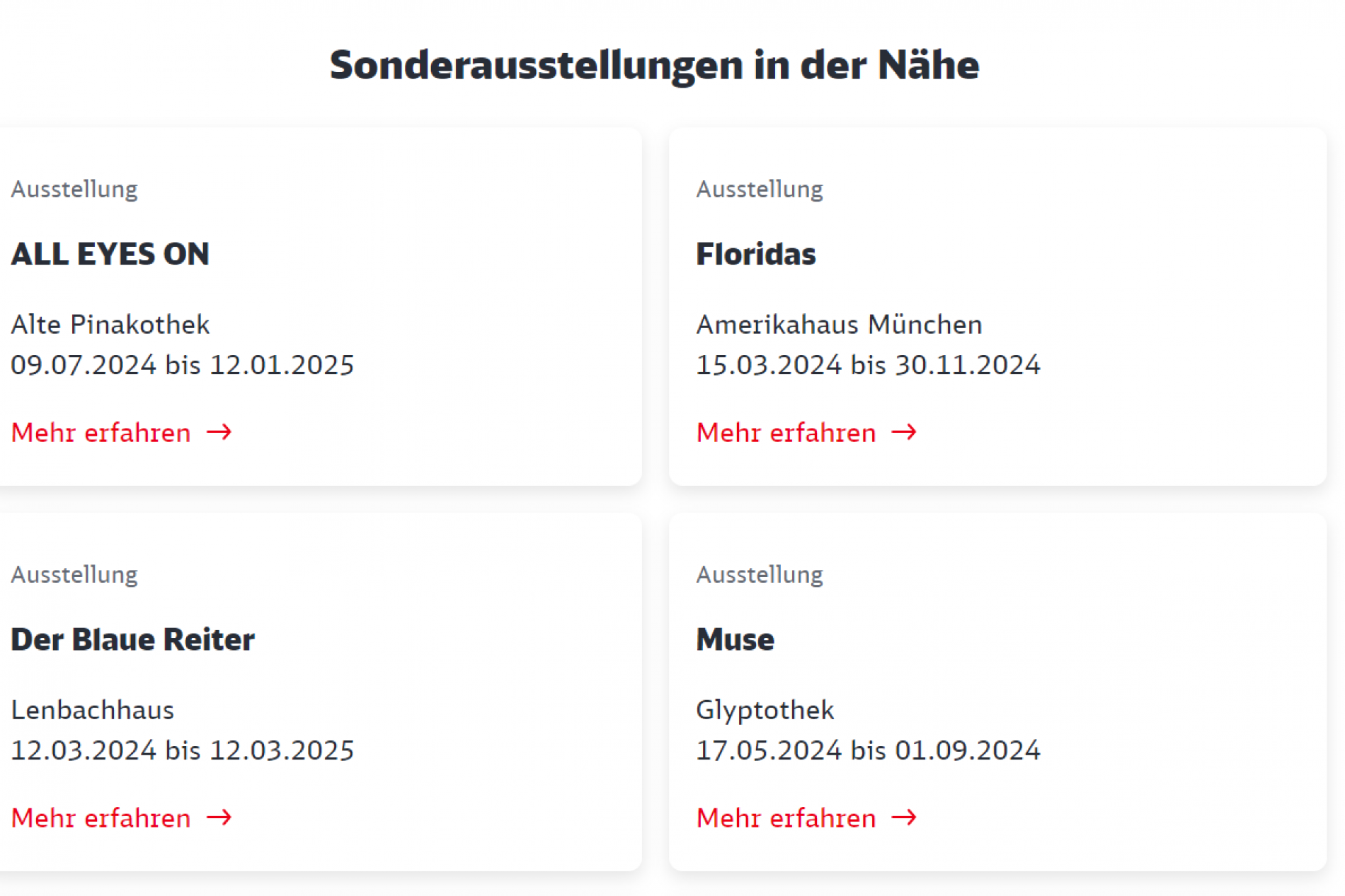 Screenshot einer Ausstellungsübersicht mit vier Karten: ALL EYES ON, Floridas, Der Blaue Reiter, Muse; Orte und Termine.
