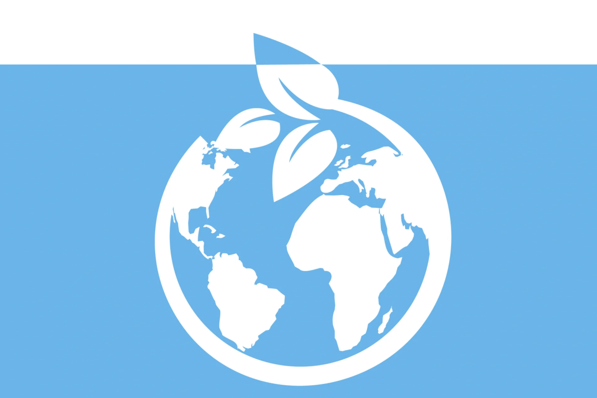 Weiße Weltkugel mit Blattmotiv vor blauem Hintergrund; Symbol für Umweltfreundlichkeit und Nachhaltigkeit.