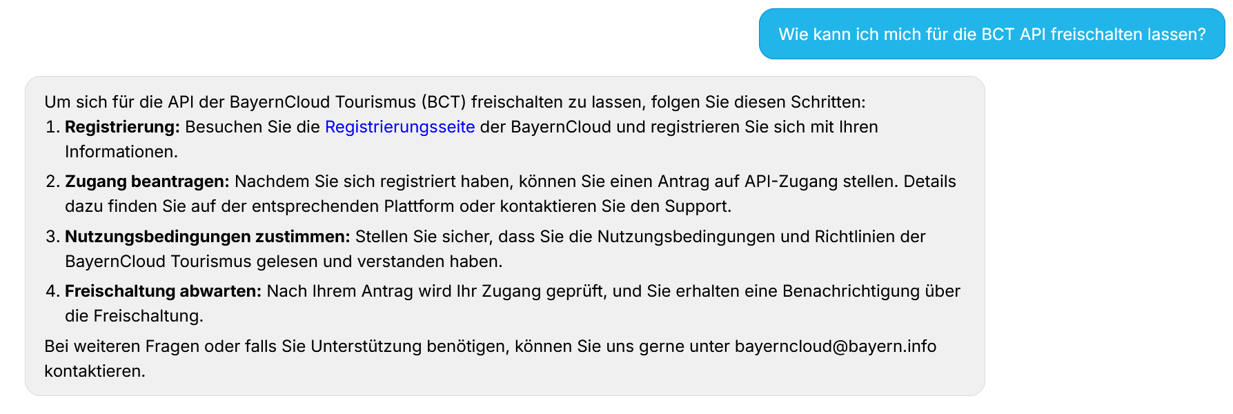 Screenshot mit der Antwort zur Frage "Wie kann ich mich f&uuml;r die BCT API freischalten lassen?"