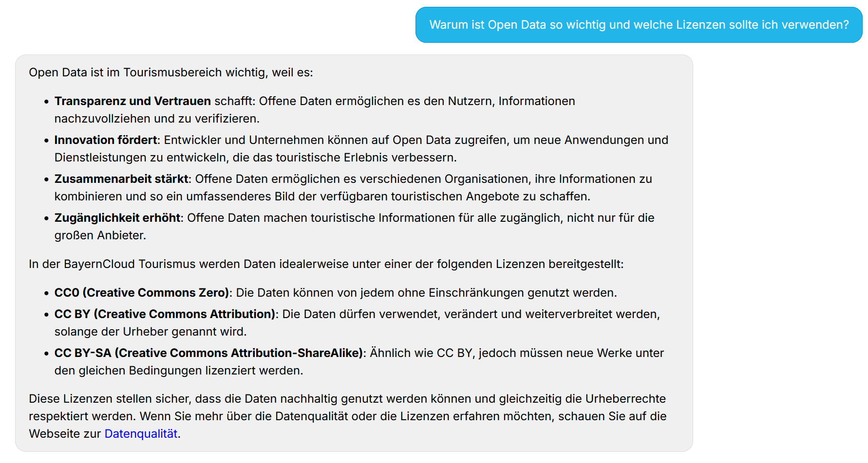 Screenshot mit der Antwort zur Frage "Warum ist Open Data so wichtig und welche Lizenzen sollte ich verwenden?"