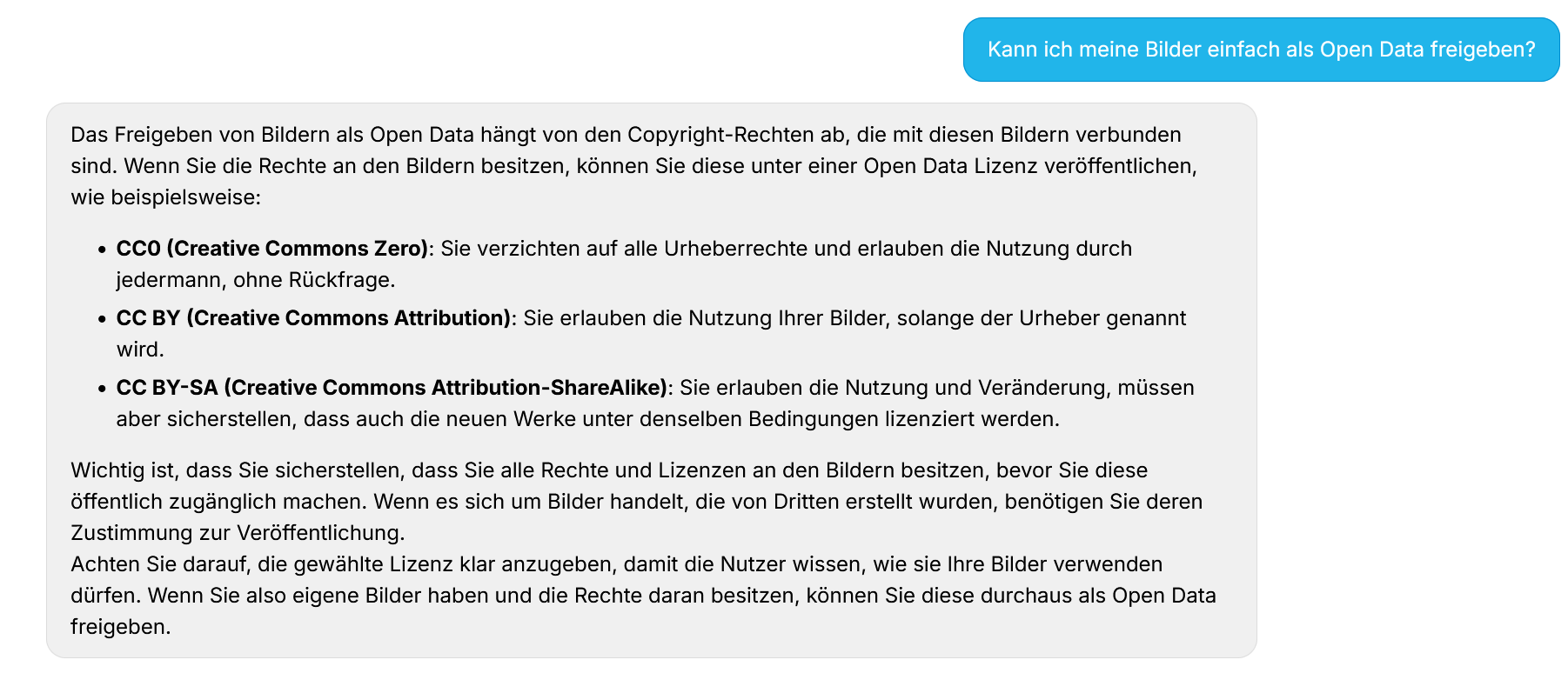 Screenshot mit der Antwort zur Frage "Kann ich meine Bilder einfach als Open Data freigeben?"