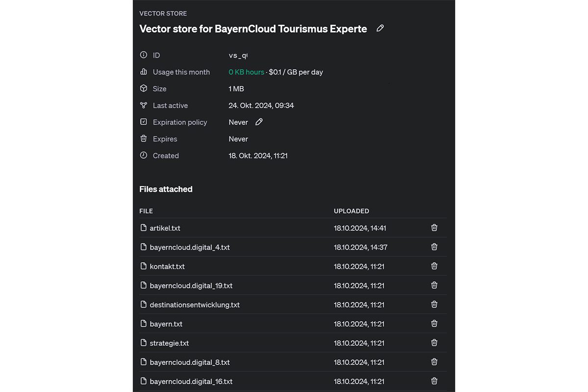 Screenshot Vector store for BayernCloud Tourismus Experte