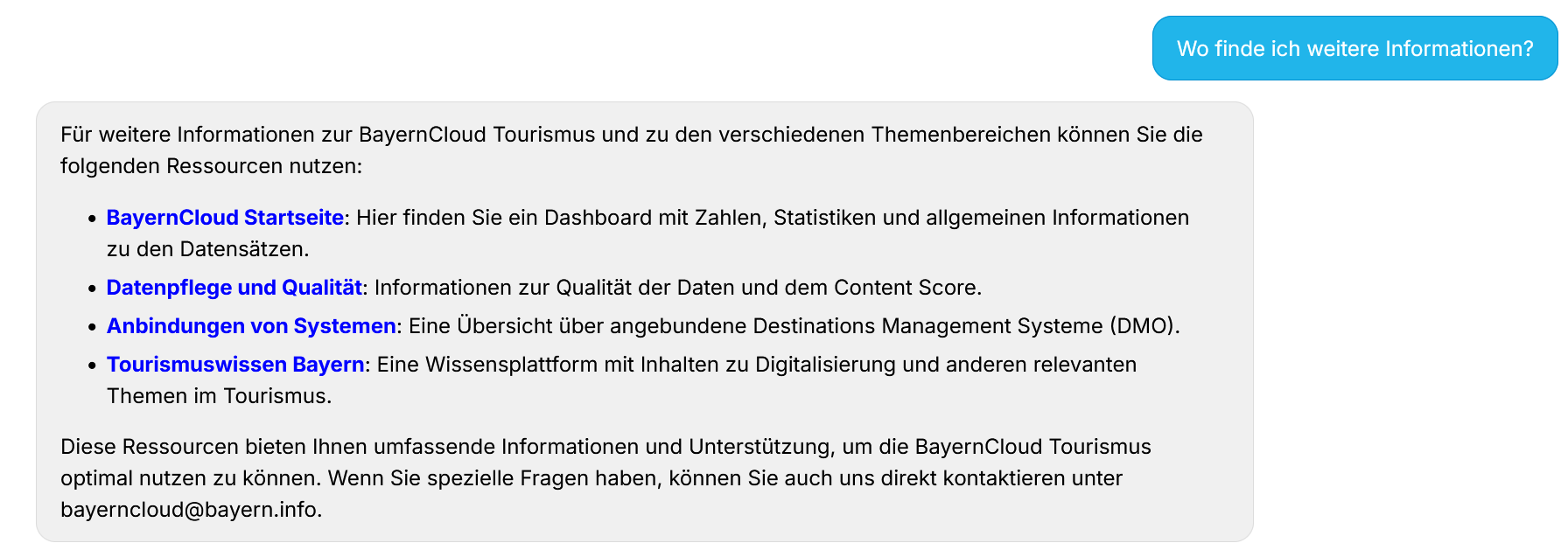 Screenshot mit der Antwort zur Frage "Wo finde ich weitere Informationen?"