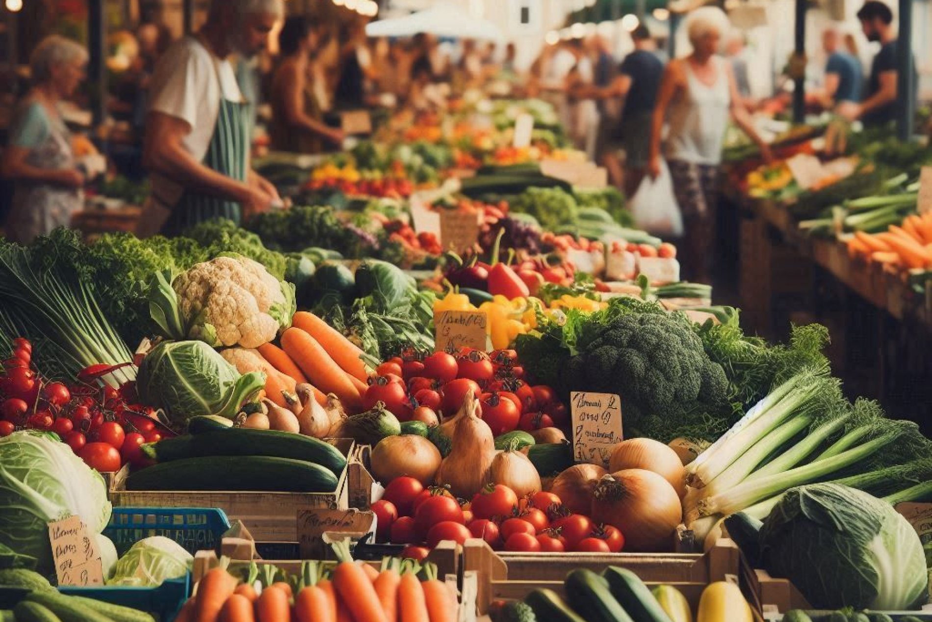 Ein belebter Marktstand mit einer Vielzahl an frischem Gemüse. Im Vordergrund sind Karotten, Zucchini, Tomaten und Lauch zu sehen, die in Holzkisten arrangiert sind. Dahinter liegen Blumenkohl, Brokkoli und Salatköpfe. Menschen schlendern durch den Markt, während warme Lichter von oben den Stand beleuchten. Die Atmosphäre wirkt lebendig und einladend. Erstellt mit einem KI-Tool