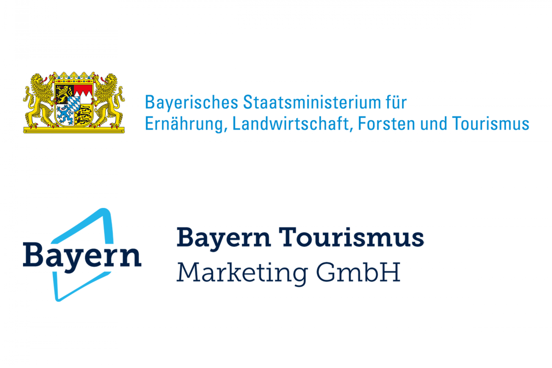 Logobild mit Staatsministerium-Wappen oben, darunter Bayern-Logo links und Bayern Tourismus Marketing GmbH rechts.