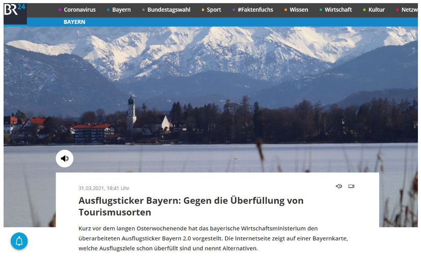 15_Meldung_BR_Ausflugsticker_2021_Quelle_br.de Screenshot von der Webseite br.de mit einem Artikel zum Ausflugsticker Bayern