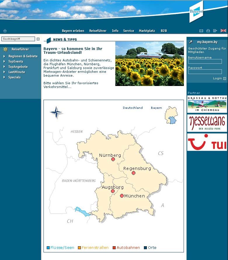 4_Erster_Internet_Auftritt_2003_Flash_Karte_Regionen(c)BayTM Screenshot des ersten Internet-Auftritts mit einer Bayern-Karte, Bild und Texten