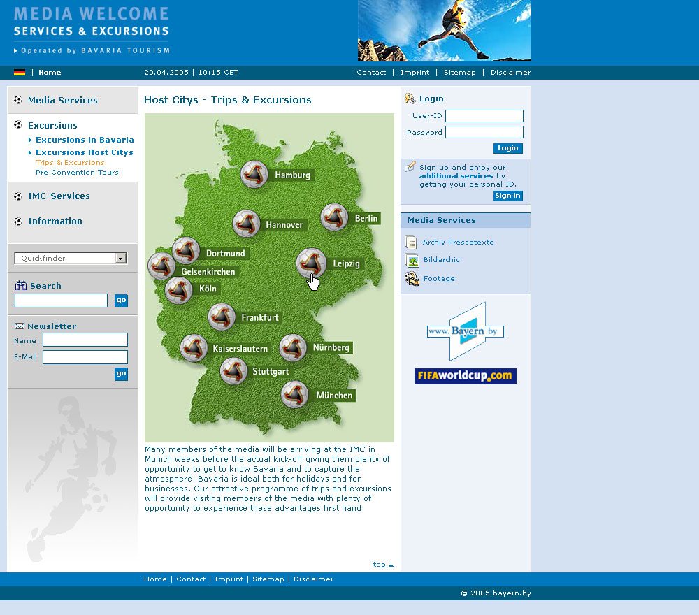 7_Media_Welcome_Service_Webauftritt_Hostcitys_Excursions_2005_2006(c)BayTM Screenshot des Media Welcome Services im Rahmen der Fußball WM 2006