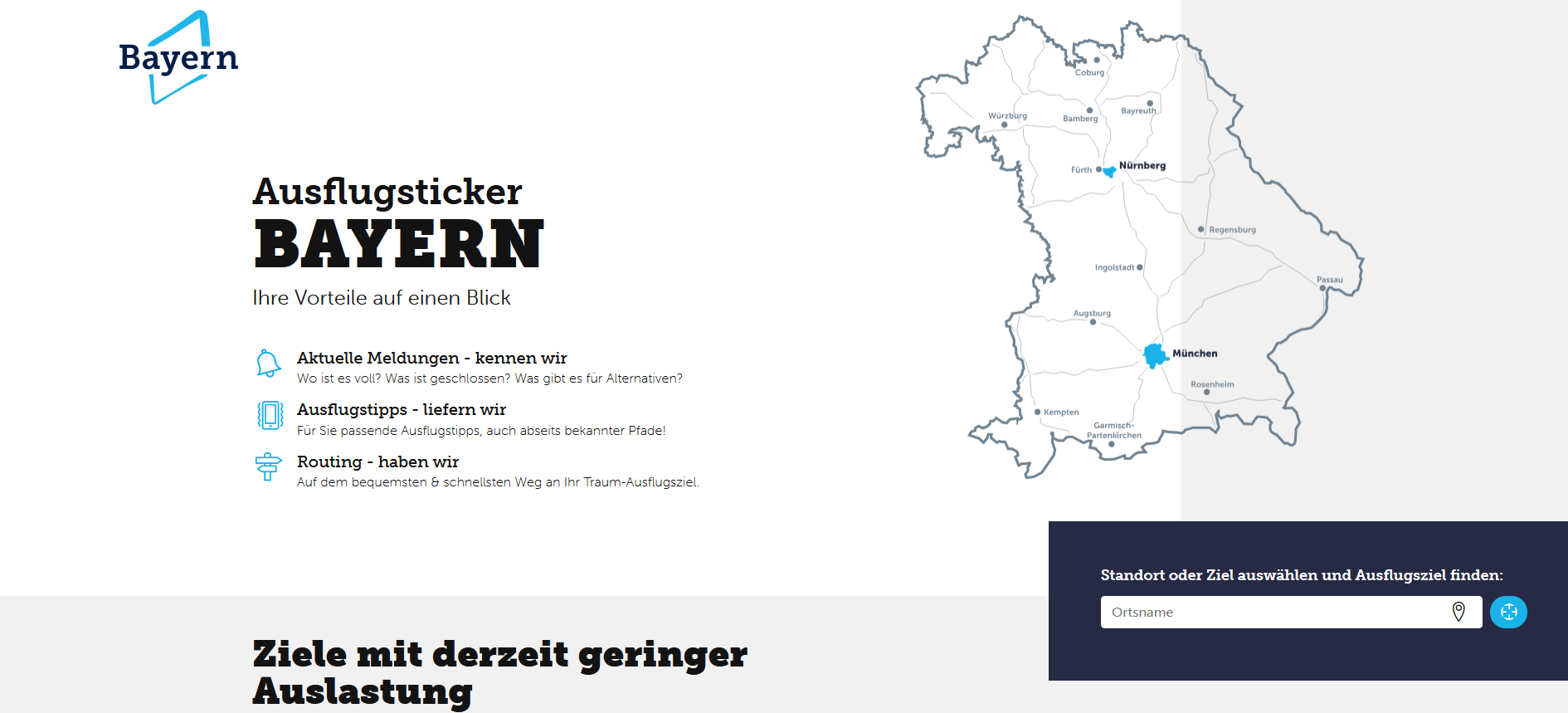 Ausflugsticker_Screenshot Screenshot der Webseite des Ausflugticker Bayern mit kurzen Informationen und einer Bayern-Karte