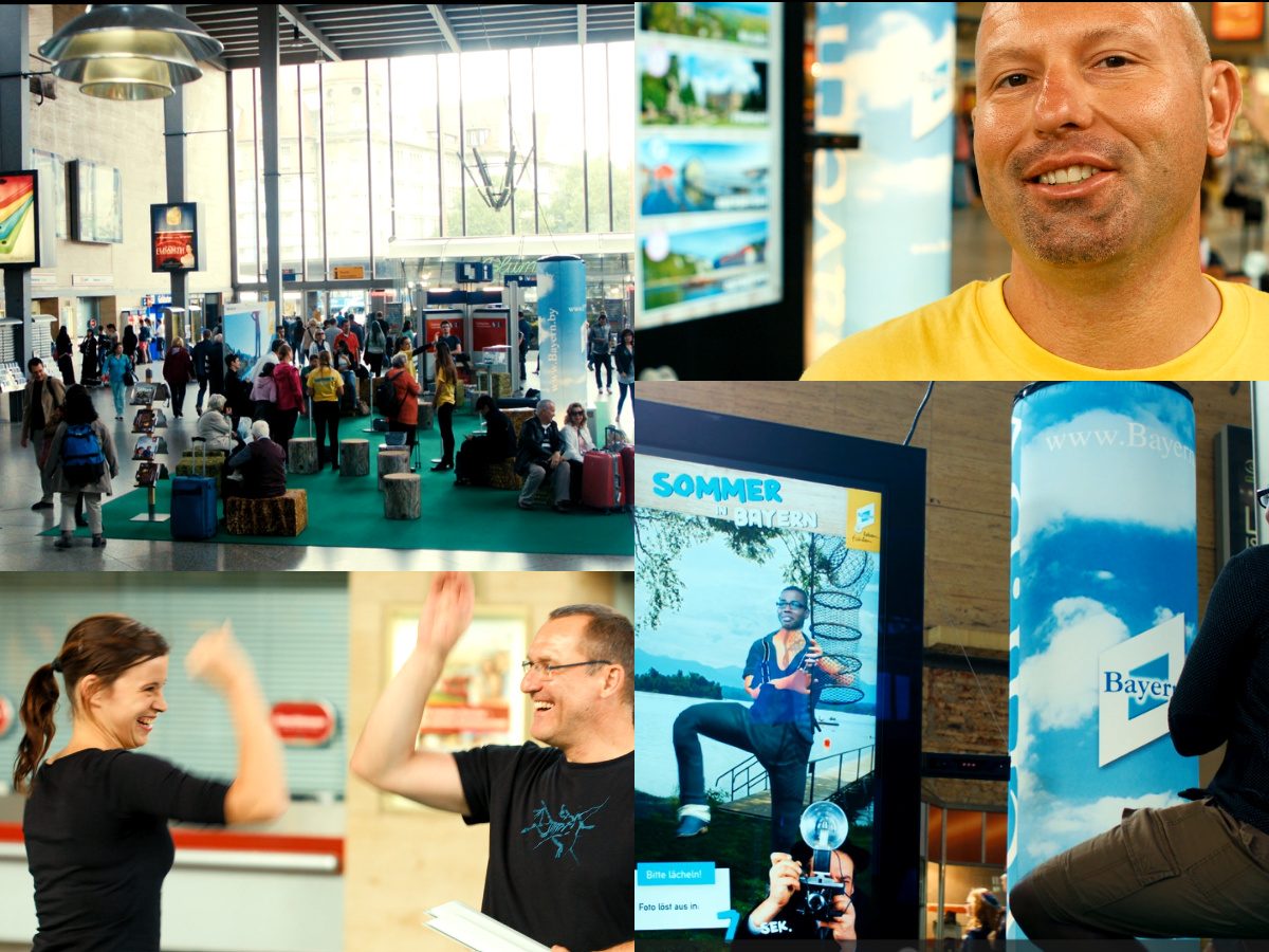 DOOH_collage Eine Collage zeigt Bilder von der Augmented Realtiy-Aktion im Münchner Hauptbahnhof. Man sieht die gefüllte Bahnhofshalle, unseren Kollegen Markus und die Stele der AR-Aktion.