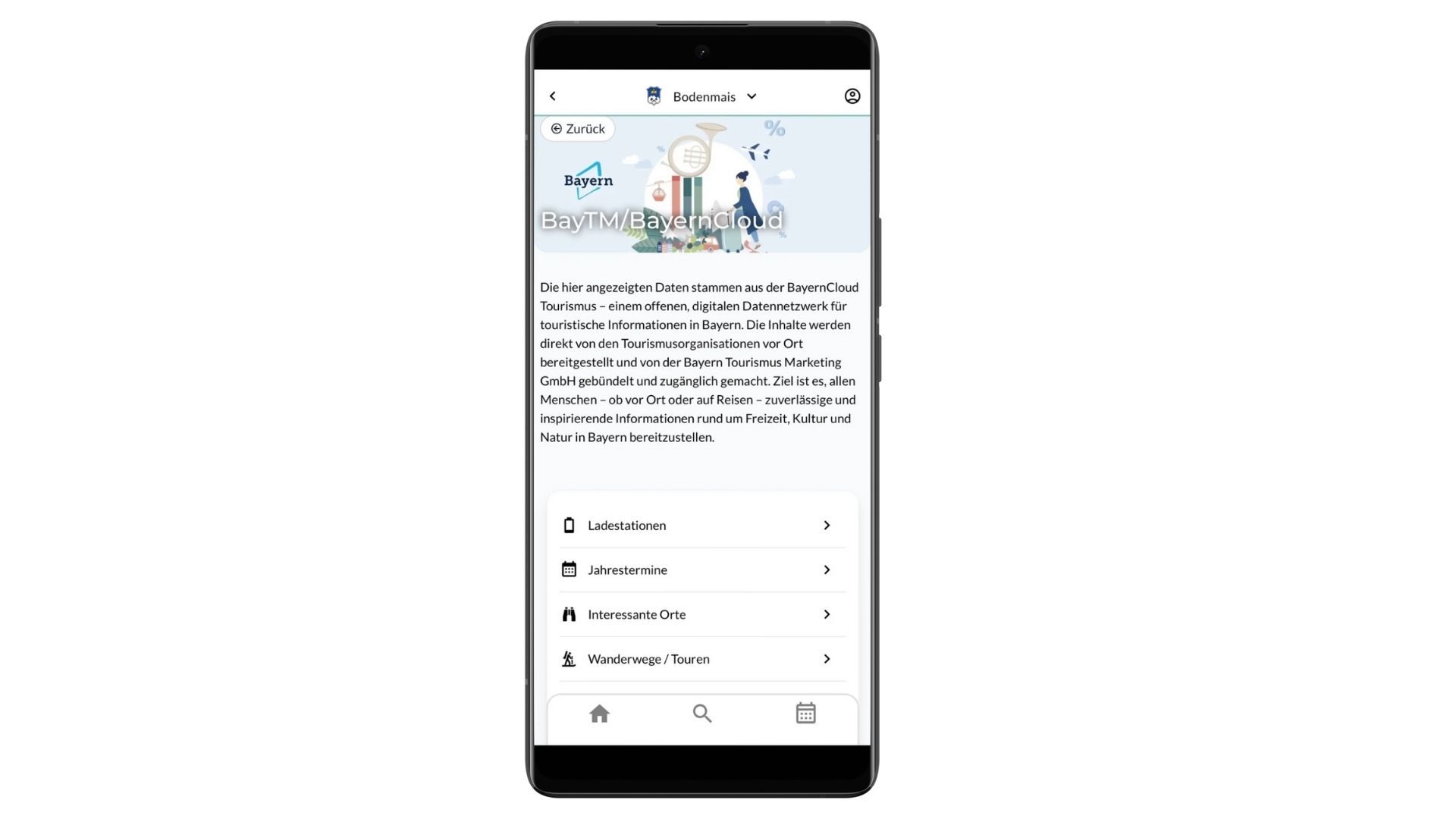 Die Heimat-Info App als Use Case für die Daten aus der BayernCloud Tourismus. Screenshot einer Tourismus-App für Bayern, angezeigt auf einem Smartphone. Die Seite zeigt 'Bodenmais' im Kopfbereich und darunter Informationen über BayTM/BayernCloud. Der Haupttext erklärt, dass die Daten aus der BayernCloud Tourismus stammen, einem digitalen Datennetzwerk für touristische Informationen in Bayern. Im unteren Bereich sind vier Menüoptionen sichtbar: Ladestationen, Jahrestermine, Interessante Orte und Wanderwege/Touren. Am unteren Bildschirmrand befinden sich Navigations-Icons. Die Seite enthält auch eine kleine Illustration mit touristischen Elementen und einer stilisierten Figur mit Koffer.