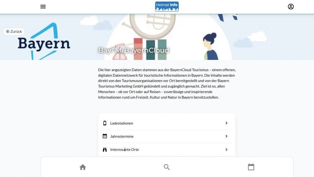 Screenshot einer Tourismus-App für Bayern, angezeigt auf einem Smartphone. Die Seite zeigt 'Bodenmais' im Kopfbereich und darunter Informationen über BayTM/BayernCloud. Der Haupttext erklärt, dass die Daten aus der BayernCloud Tourismus stammen, einem digitalen Datennetzwerk für touristische Informationen in Bayern. Im unteren Bereich sind vier Menüoptionen sichtbar: Ladestationen, Jahrestermine, Interessante Orte und Wanderwege/Touren. Am unteren Bildschirmrand befinden sich Navigations-Icons. Die Seite enthält auch eine kleine Illustration mit touristischen Elementen und einer stilisierten Figur mit Koffer.