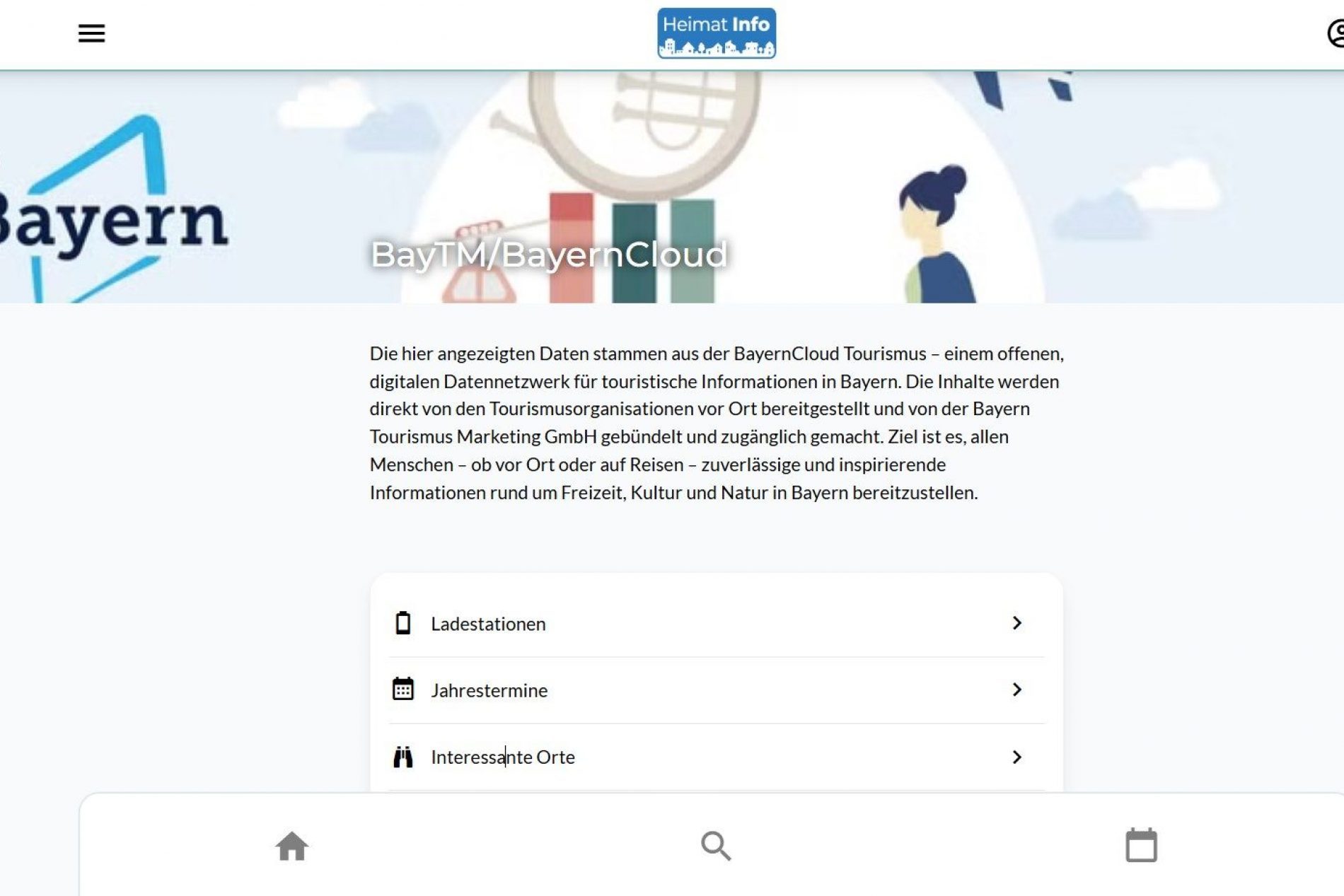 HeimatInfo_Screenshot Browseransicht Screenshot einer Tourismus-App für Bayern, angezeigt auf einem Smartphone. Die Seite zeigt 'Bodenmais' im Kopfbereich und darunter Informationen über BayTM/BayernCloud. Der Haupttext erklärt, dass die Daten aus der BayernCloud Tourismus stammen, einem digitalen Datennetzwerk für touristische Informationen in Bayern. Im unteren Bereich sind vier Menüoptionen sichtbar: Ladestationen, Jahrestermine, Interessante Orte und Wanderwege/Touren. Am unteren Bildschirmrand befinden sich Navigations-Icons. Die Seite enthält auch eine kleine Illustration mit touristischen Elementen und einer stilisierten Figur mit Koffer.