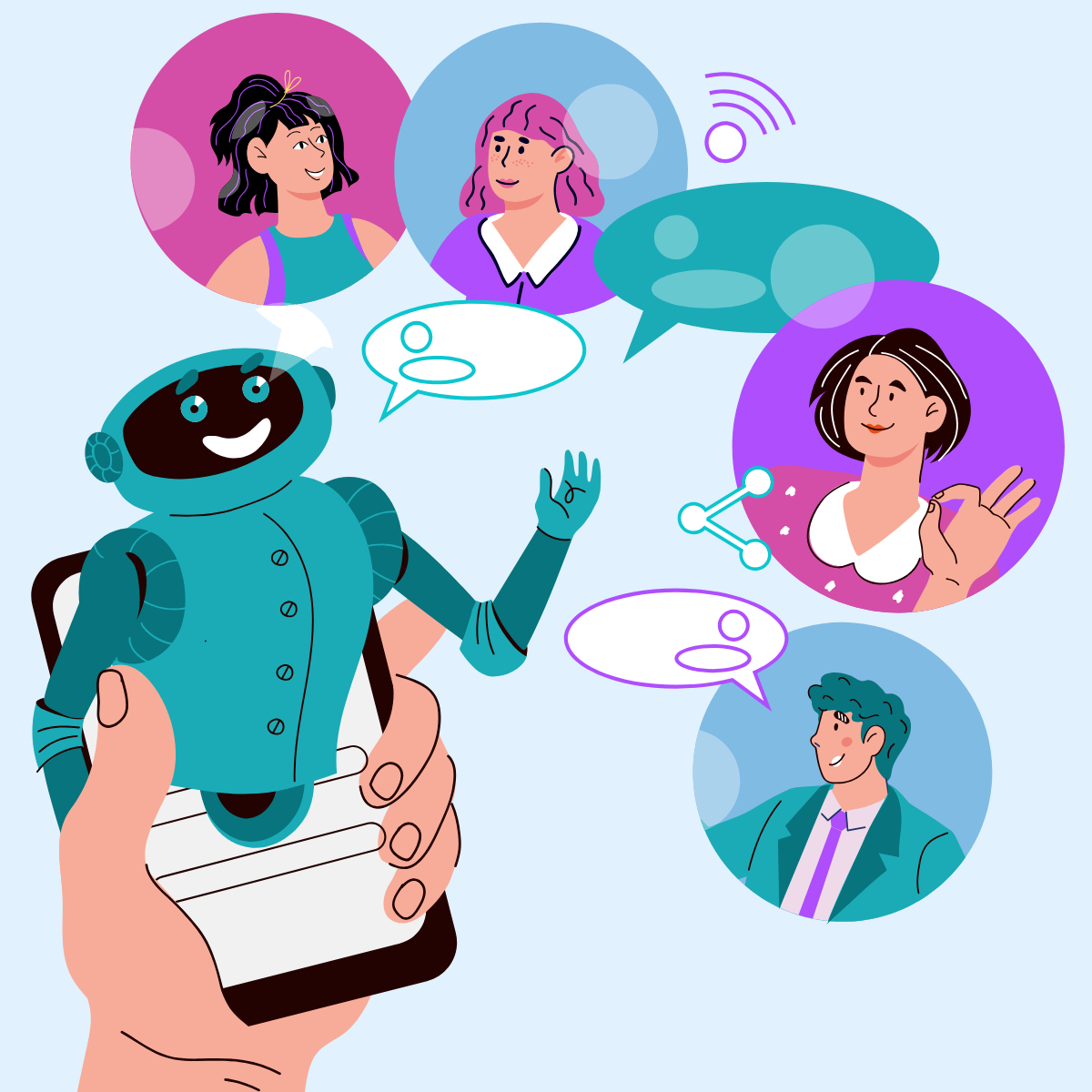 KI & Leichte und Einfache Sprache Illustration zum Thema Künstliche Intelligenz und barrierefreie Kommunikation: Eine Hand hält ein Smartphone, aus dem ein fröhlicher Roboter mit ausgestrecktem Arm erscheint. Um ihn herum sind fünf Sprechblasen und Porträts unterschiedlicher Personen zu sehen, die symbolisch mit dem Roboter kommunizieren. Die Darstellung steht für digitale Teilhabe, Kommunikation in Leichter Sprache und den Einsatz von KI zur Unterstützung inklusiver Verständigung.