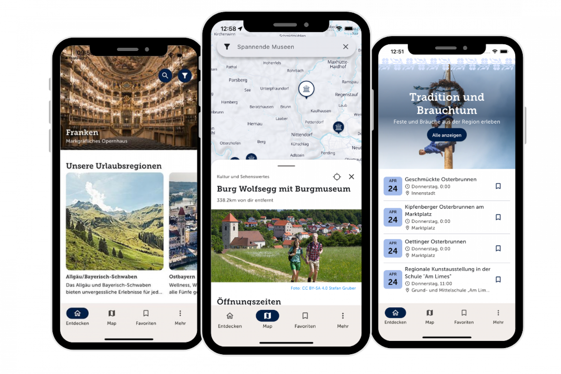 Textblock rechtsb&uuml;ndiges Handy-Mock-up; drei Handys zeigen Entdecke.bayern App: Karte, Museen und Urlaubsregionen.