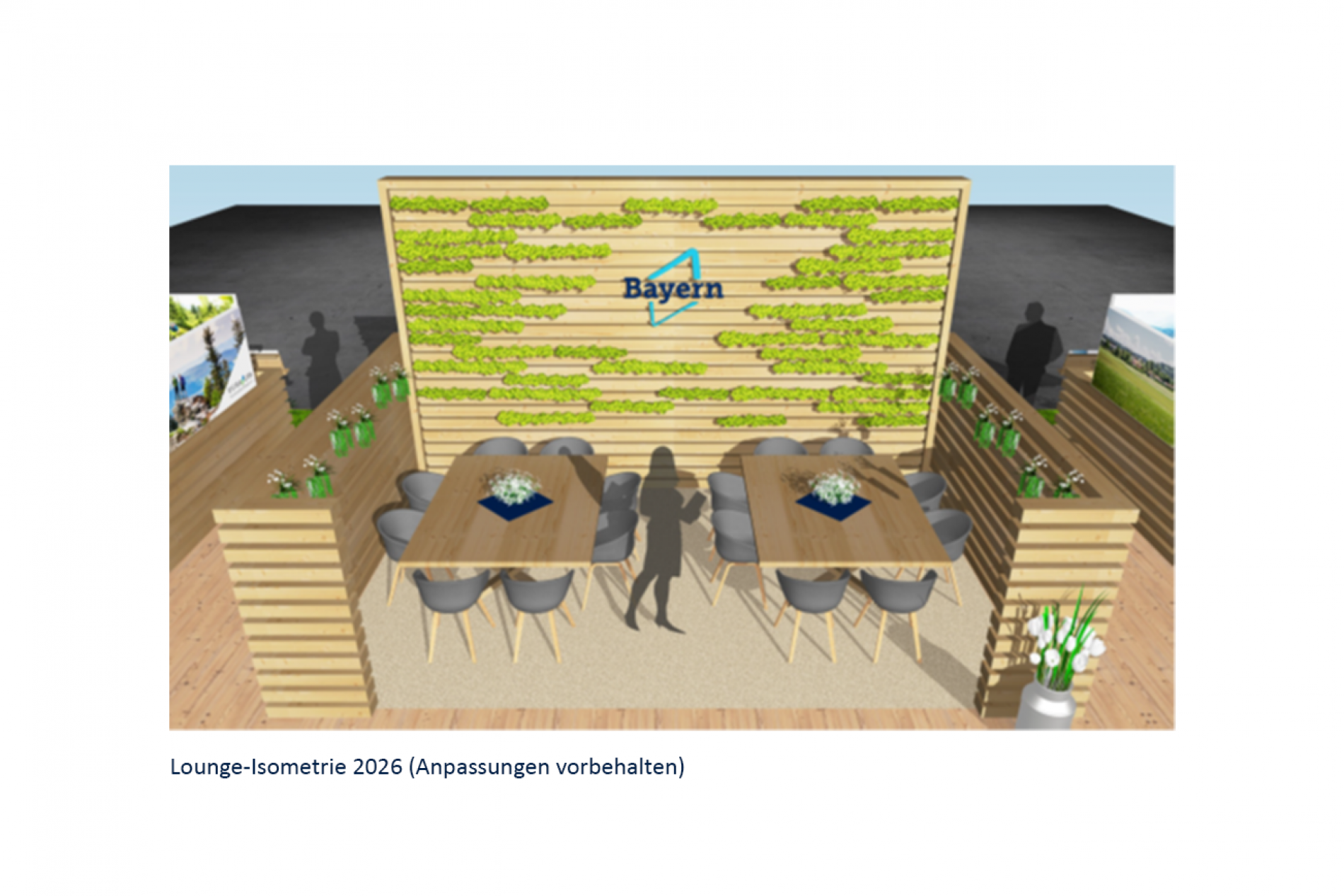 Loungeisometrie Bayern-Stand: Holzwand mit Bayern-Logo, zwei Tische mit Stühlen, Pflanzen, Besucher-Silhouetten.