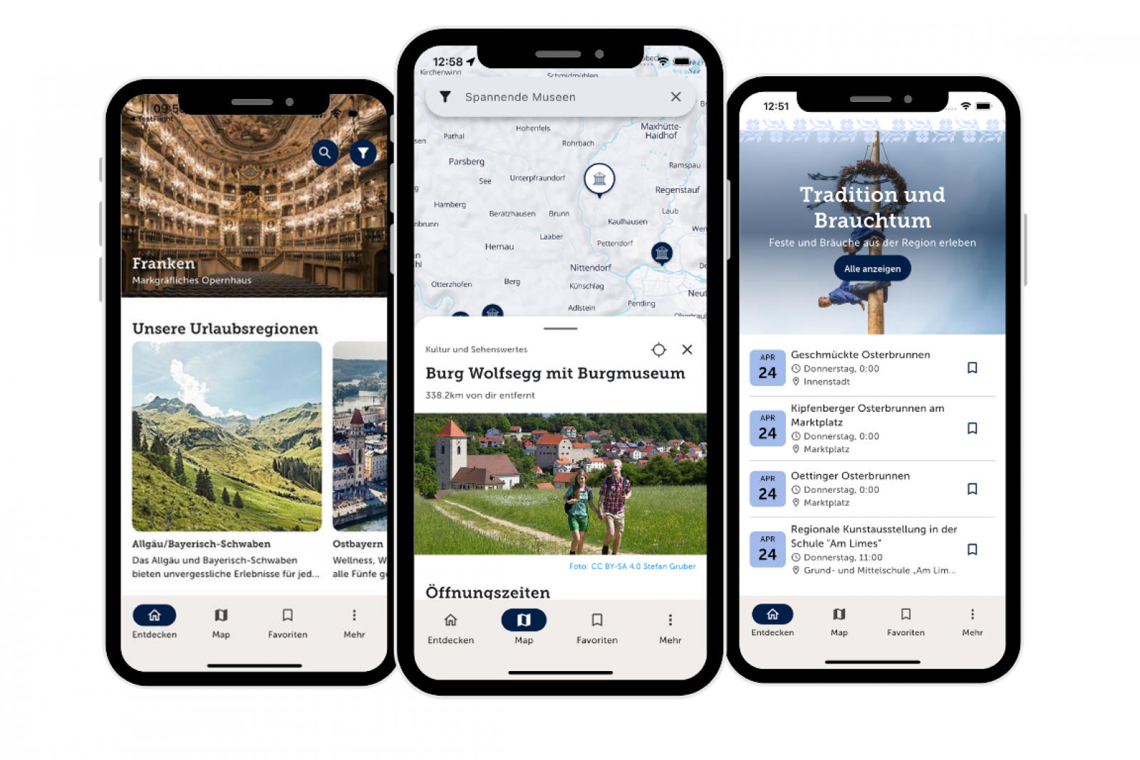 Auf der Grafik sind drei Smartphones nebeneinander abgebildet. Diese zeigen auf dem Display unterschiedliche Ausschnitte aus der entdecke.bayern-App.