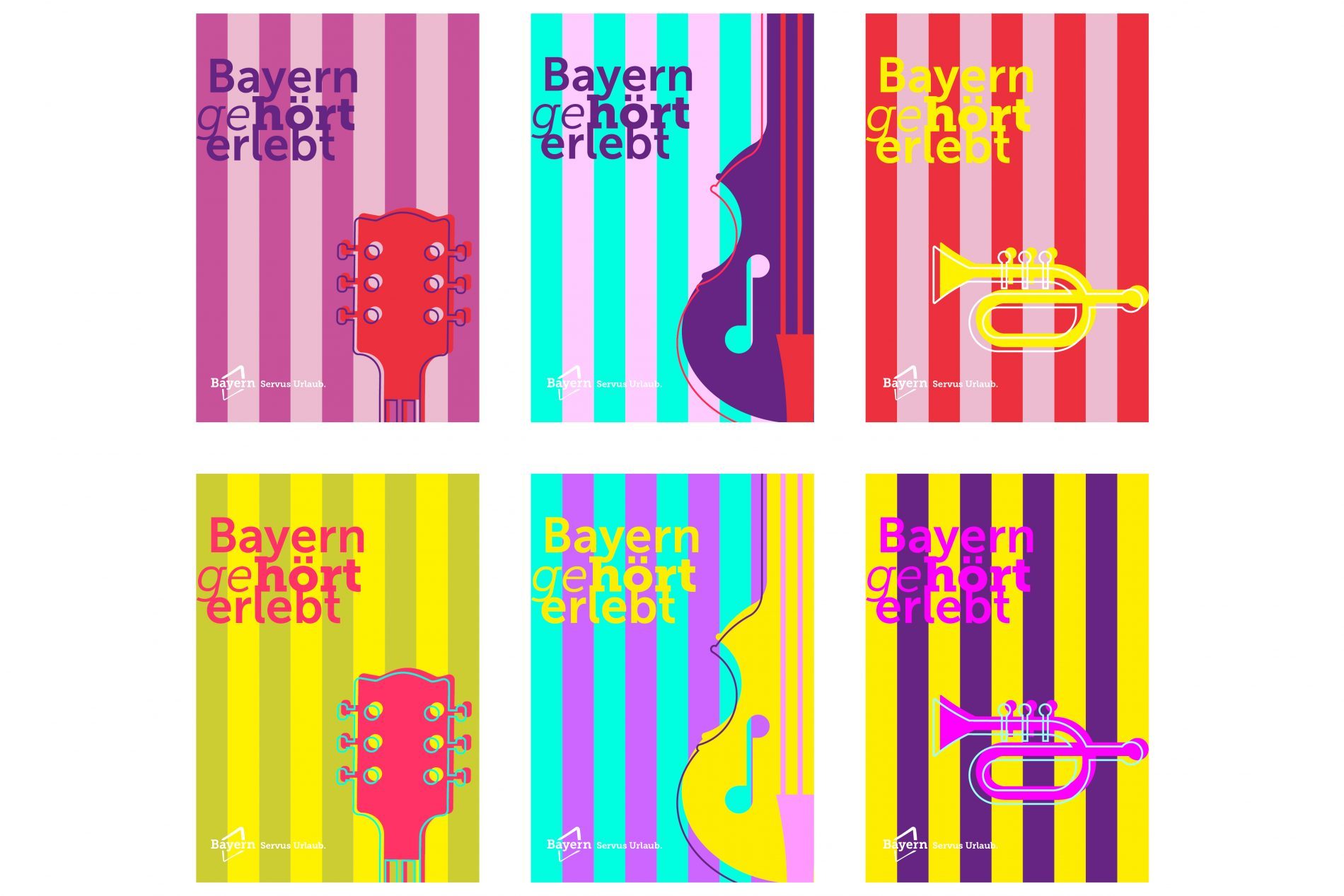 Postkarten_Kampagne Sechs Postkarten der Bayern geHört erlebt Kampagne mit farbigen Instrumenten-Silhouetten (Gitarre, Cello, Trompete) vor Streifenmustern.