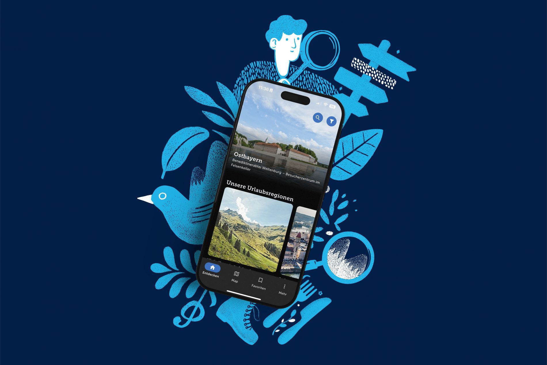 entdecke-bayern-key-visual-inverted-blauer-hintergrund Der Startbildschirm der entdecke.bayern-App auf einem Smartphone. Rund um das Smartphone sind Illustrationen, wie eine Person mit Lupe oder ein Vogel in hellblau darstellt. Die Grafik ist in einen dunkelblauen Hintergrund eingebettet.