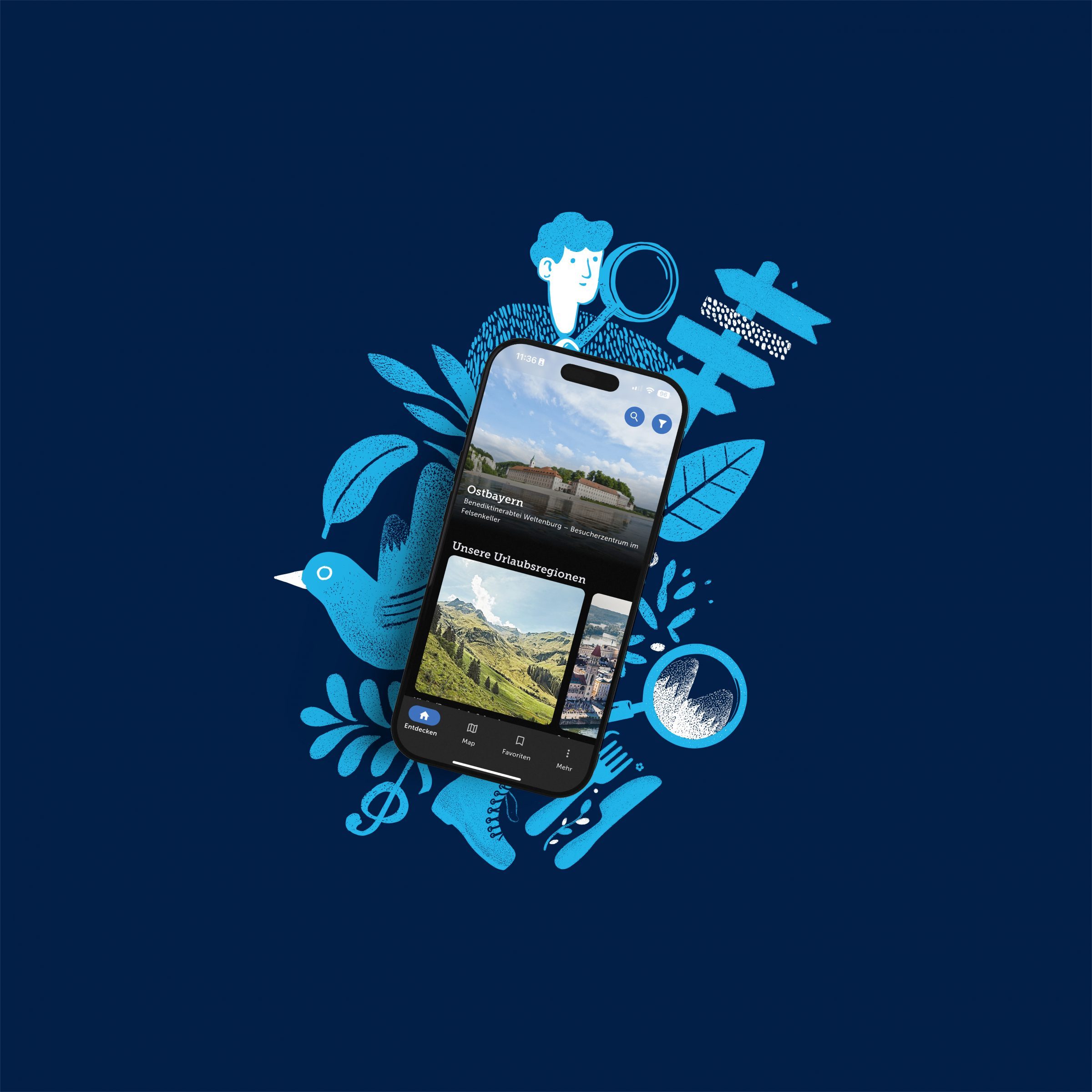 entdecke-bayern-key-visual-inverted-blauer-hintergrund Der Startbildschirm der entdecke.bayern-App auf einem Smartphone. Rund um das Smartphone sind Illustrationen, wie eine Person mit Lupe oder ein Vogel in hellblau darstellt. Die Grafik ist in einen dunkelblauen Hintergrund eingebettet.