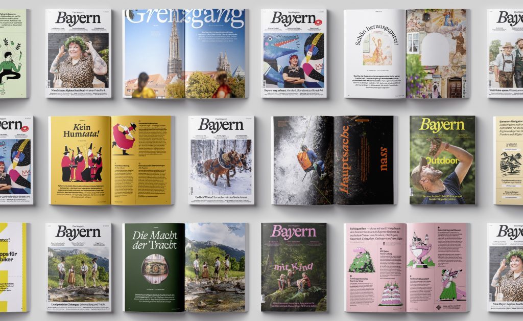 Grid aus Magazin-Covern und Doppelseiten des Magazins Bayern im Mockup; Cover und Seitenlayout 2025, verwendet 2026
