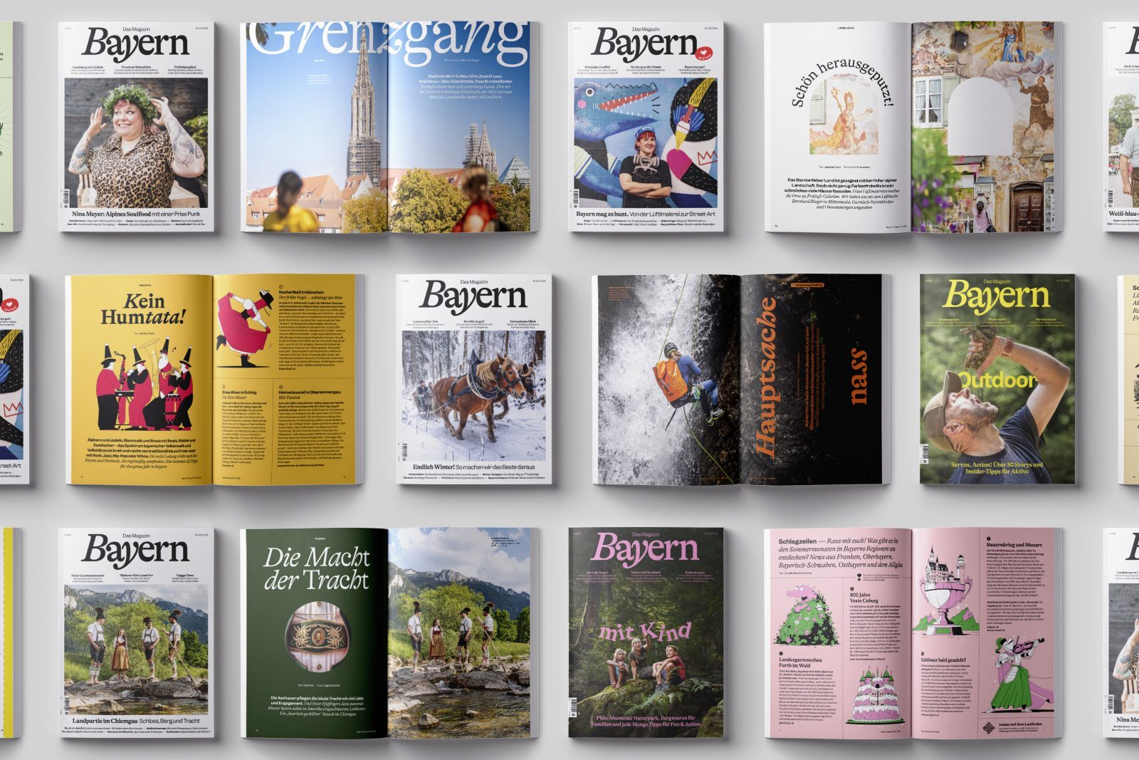 Grid aus Magazin-Covern und Doppelseiten des Magazins Bayern im Mockup; Cover und Seitenlayout 2025, verwendet 2026