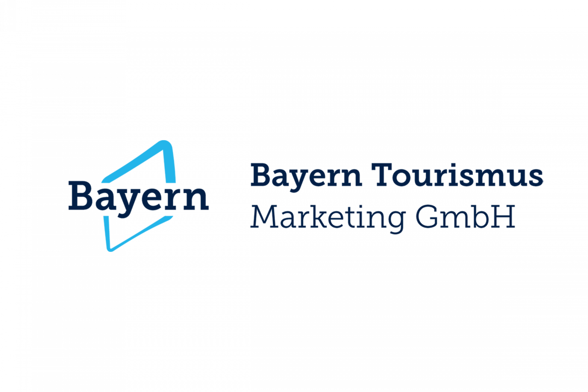 BayTM Logo mit Firmenschriftzug dunkelblau, linke hellblaue Grafik, Kontext: Unterst&uuml;tzung der bayerischen Hotellerie und Gastronomie.