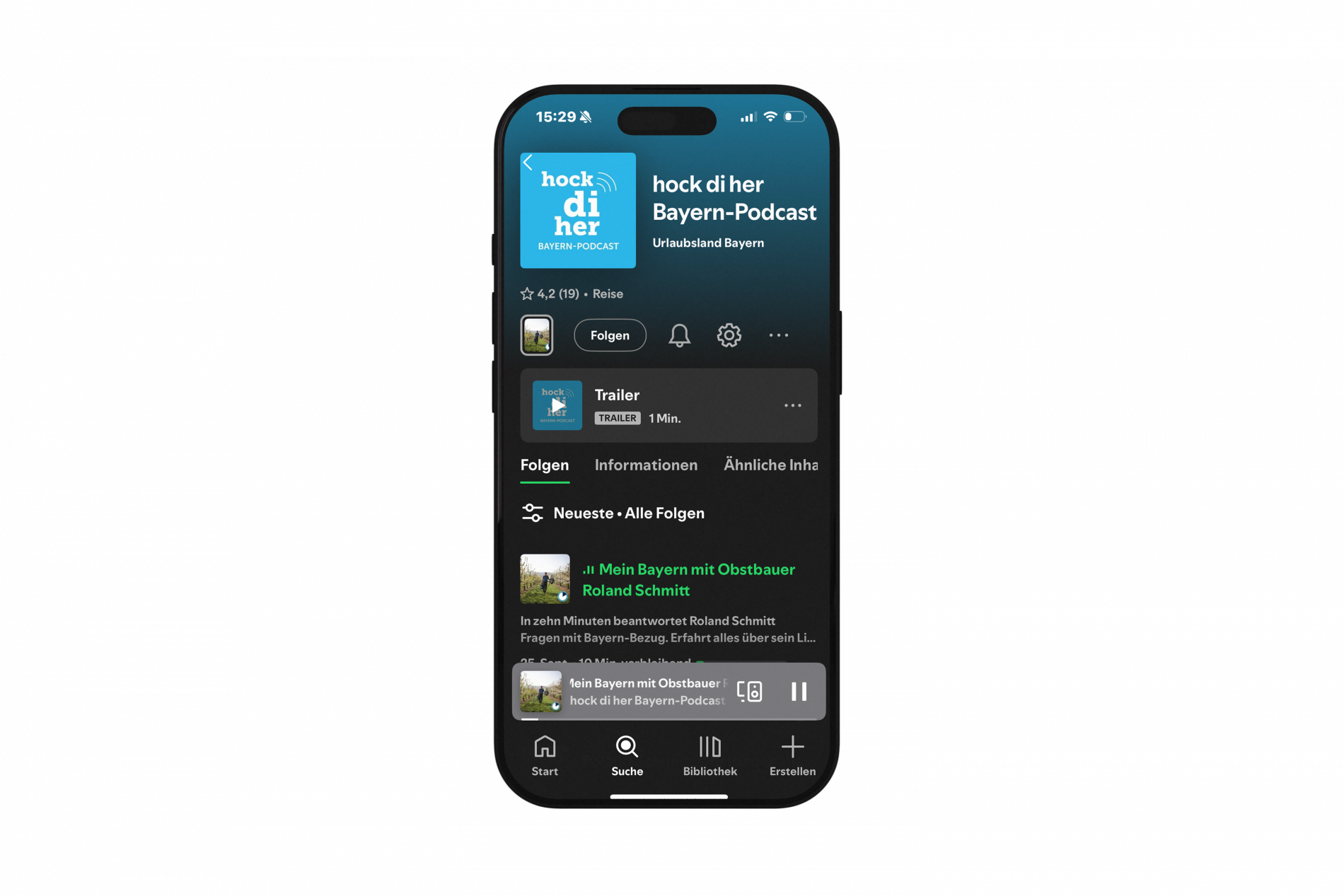Hock di her Podcast Smartphone-Bildschirm mit hock di her Bayern-Podcast, dunkles Layout, Folgenübersicht; genutzt in Medienkanäle