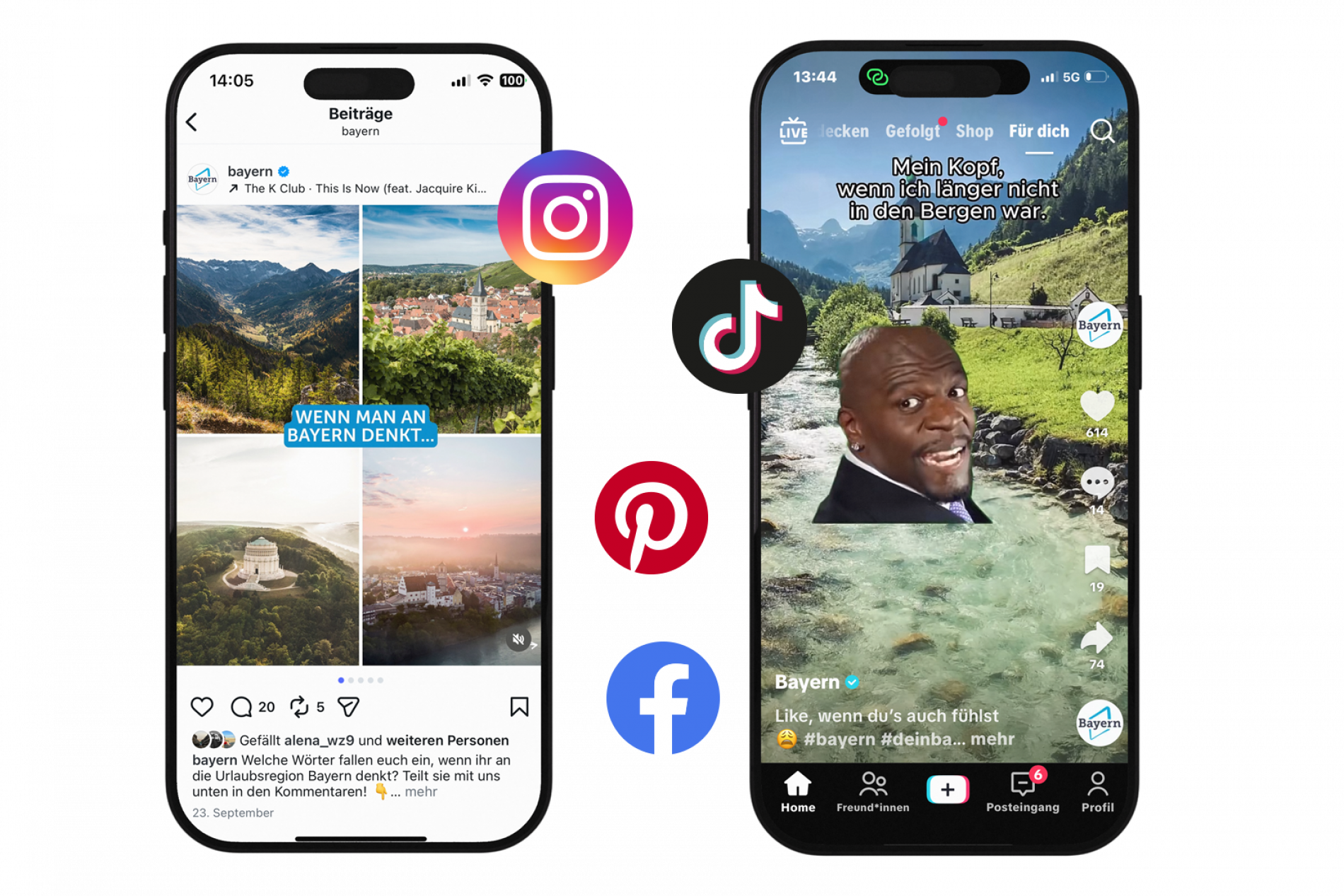 Social Media Kanäle Zwei Smartphones zeigen Social-Media-Posts: links Instagram-Karussell über Bayern, rechts TikTok-Video aus Bayern.