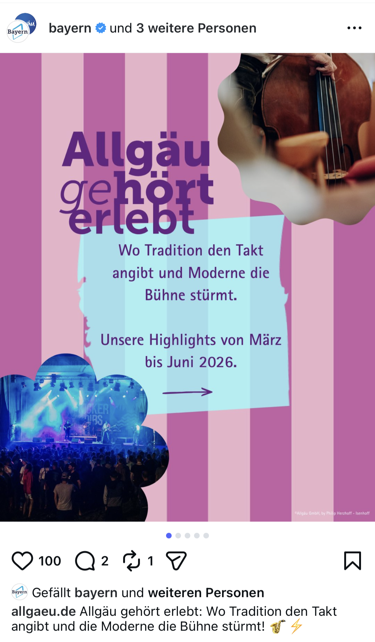 Grafik mit Text "Allg&auml;u geh&ouml;rt erlebt" und Veranstaltungsinfos, Hintergrund zeigt Konzert mit Publikum und B&uuml;hne.