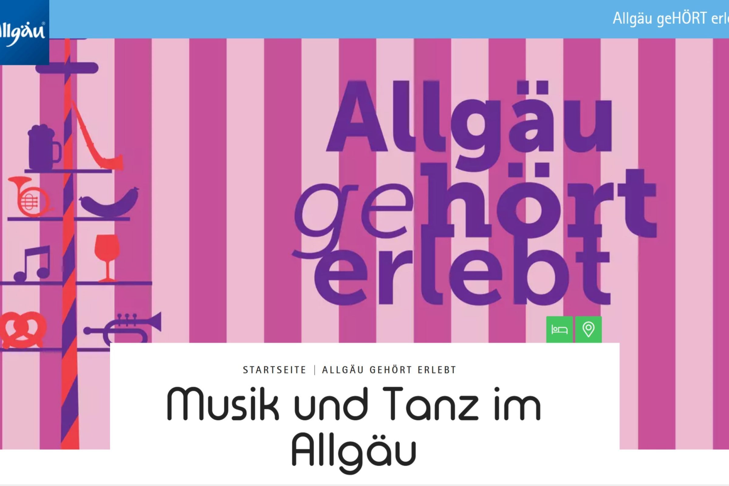 Grafik mit dem Text "Allg&auml;u geh&ouml;rt erlebt", darunter "Musik und Tanz im Allg&auml;u", umgeben von bunten Musikinstrumenten.