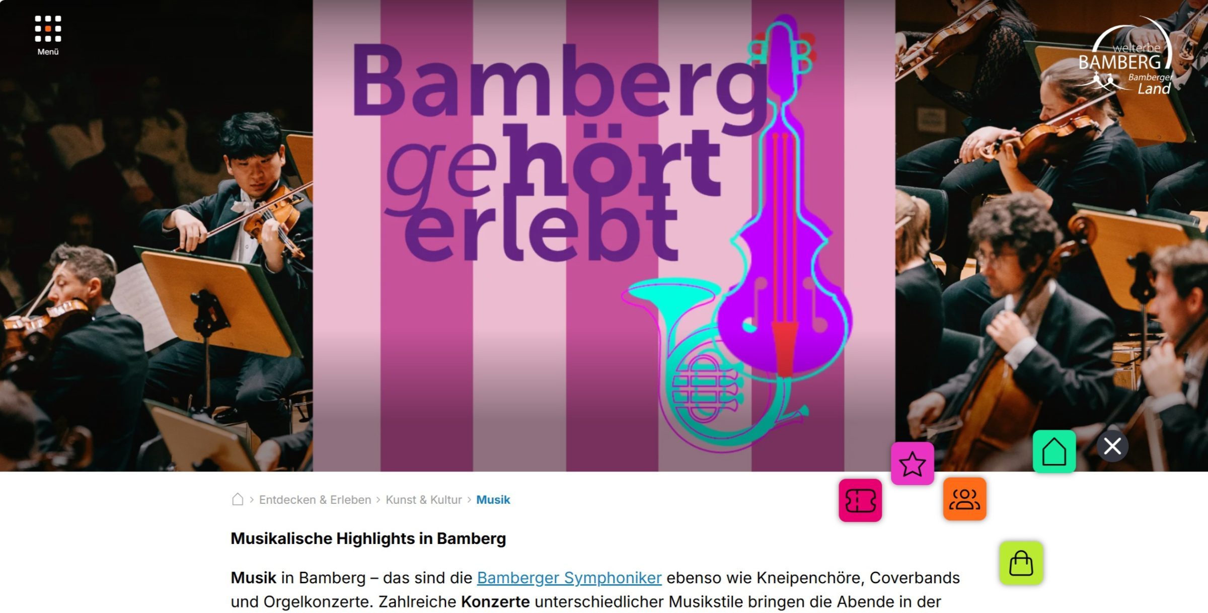 Orchesterauff&uuml;hrung mit Musikern im Vordergrund, grafische Elemente und Text "Bamberg geh&ouml;rt erlebt" im Hintergrund.