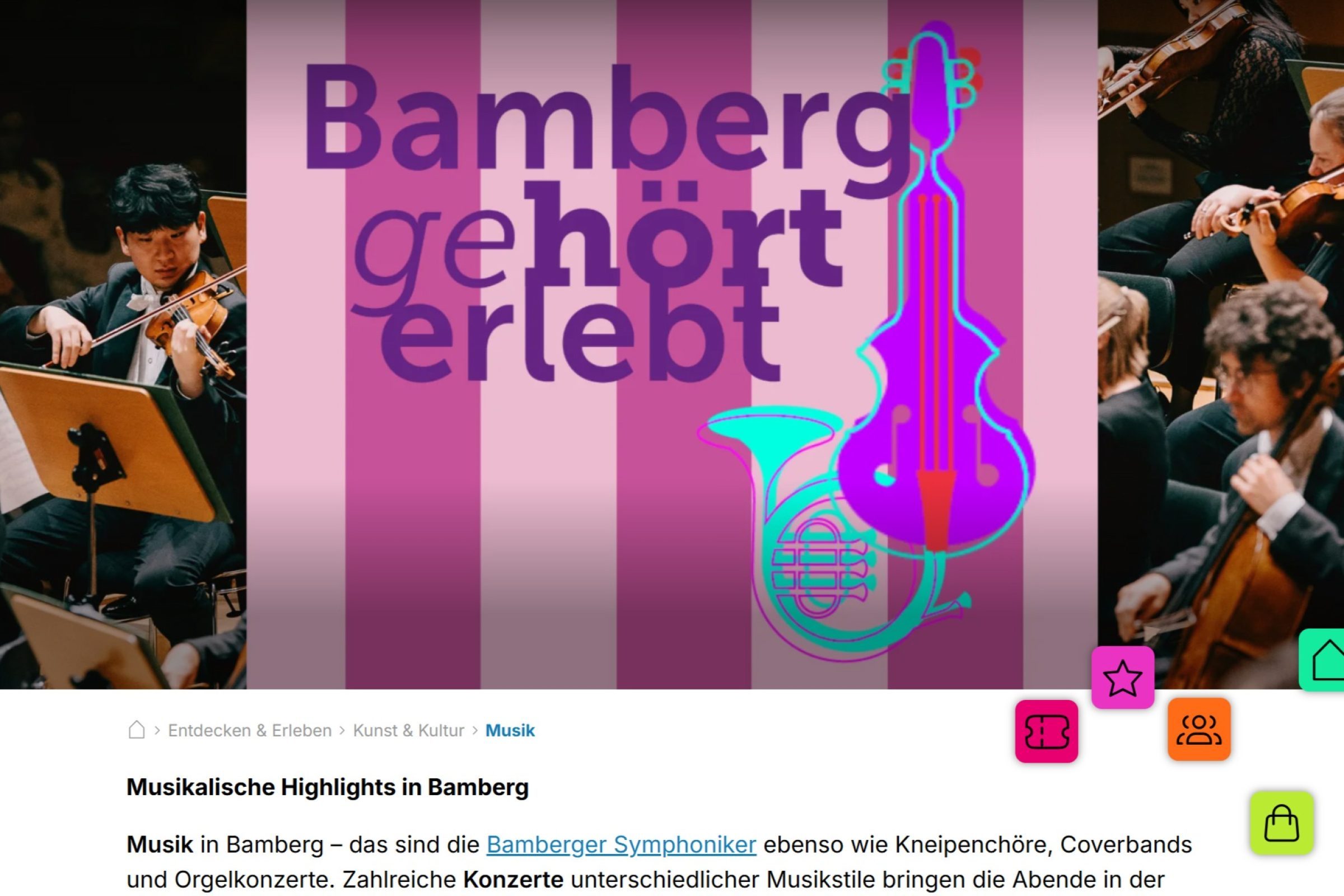 Orchesterauff&uuml;hrung mit Musikern im Vordergrund, grafische Elemente und Text "Bamberg geh&ouml;rt erlebt" im Hintergrund.