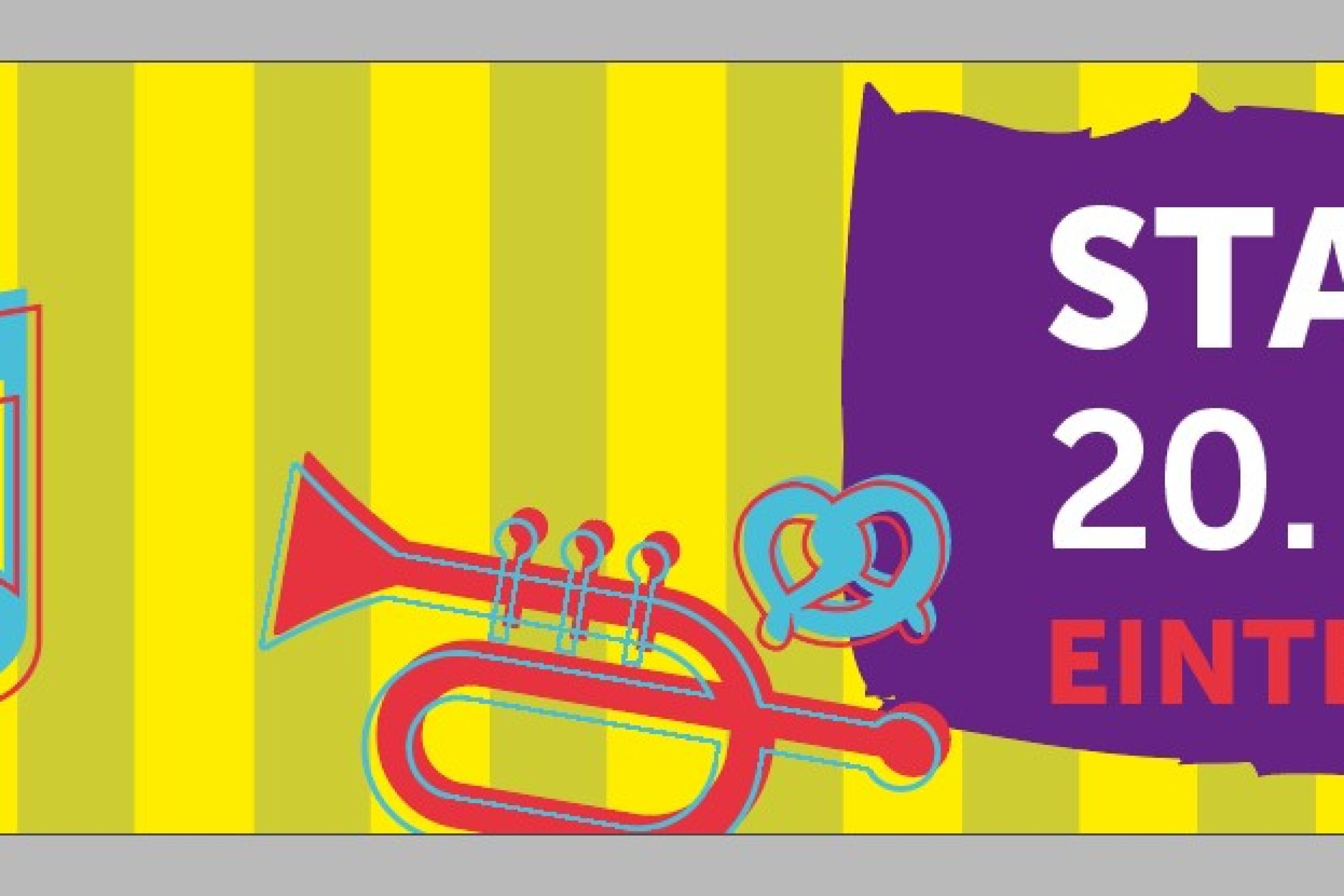 Banner f&uuml;r Stadtfest Ostheim 2026 mit Datum, Eintritt frei und bunten musikalischen Motiven.